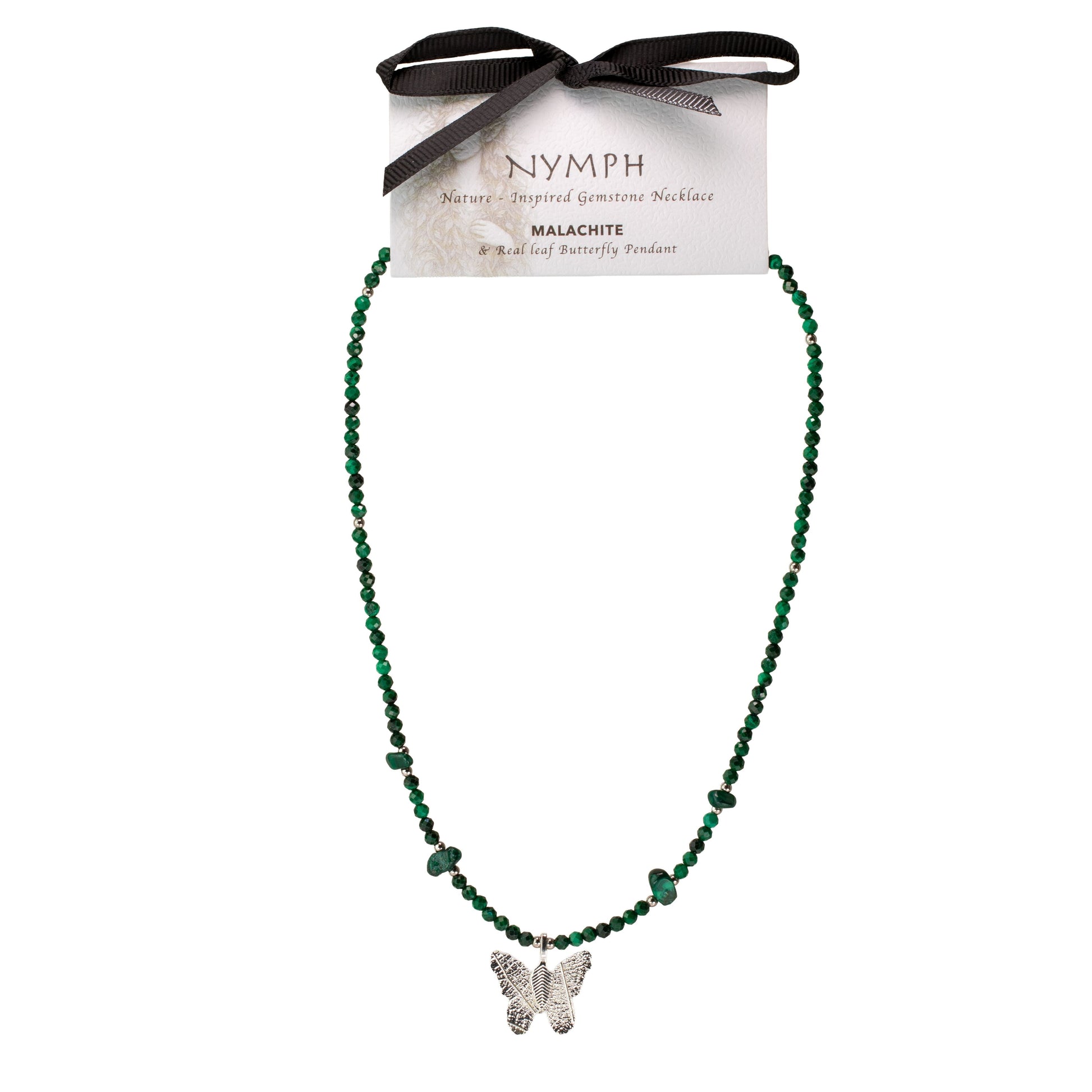 Nymph Malachite Gemstone Necklace with Real Leaf Butterfly Pendant — necklace, image 10 of 10.