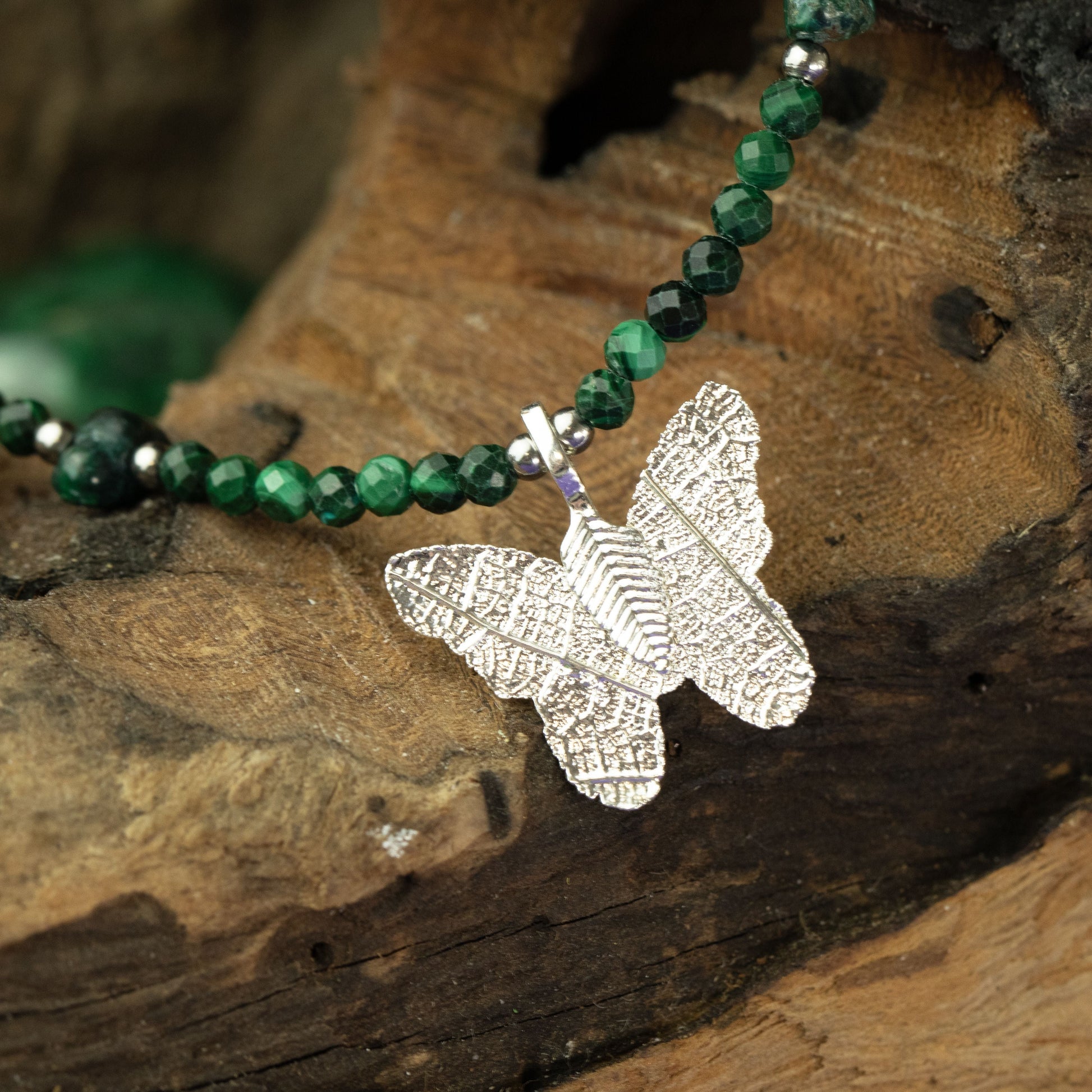 Nymph Malachite Gemstone Necklace with Real Leaf Butterfly Pendant — necklace, image 2 of 10.