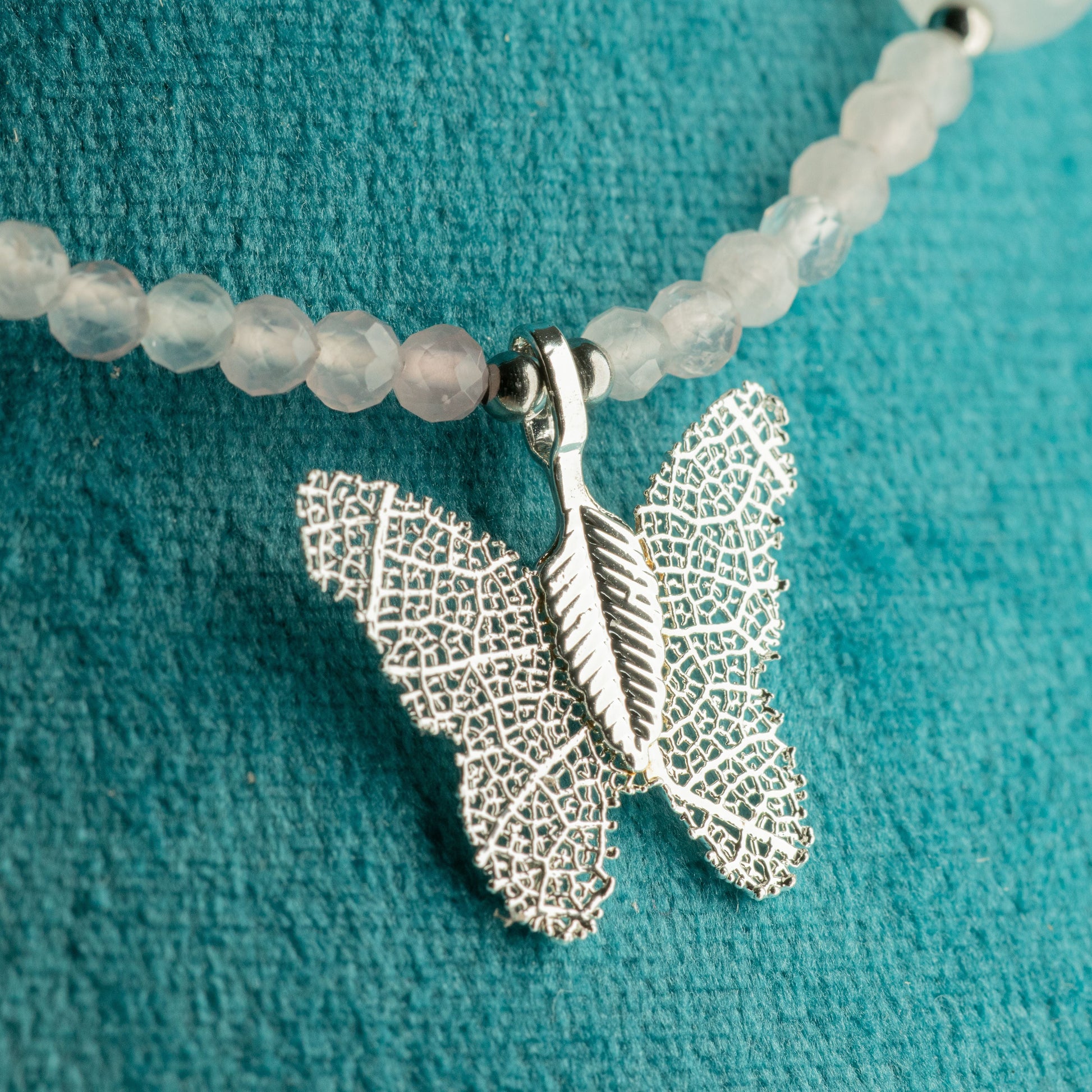 Nymph Rose Quartz Gemstone Necklace with Real Leaf Butterfly Pendant — necklace, image 5 of 8.
