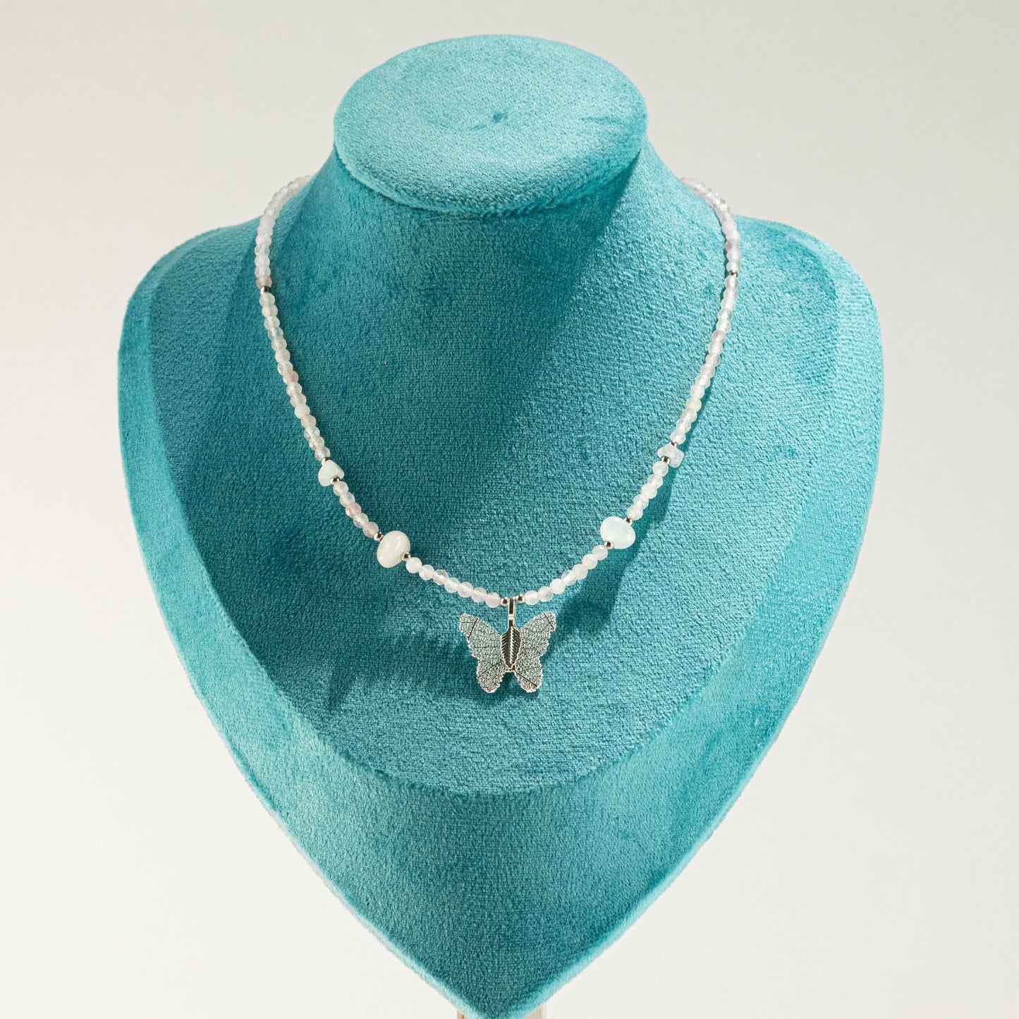Nymph Rose Quartz Gemstone Necklace with Real Leaf Butterfly Pendant — necklace, image 6 of 8.