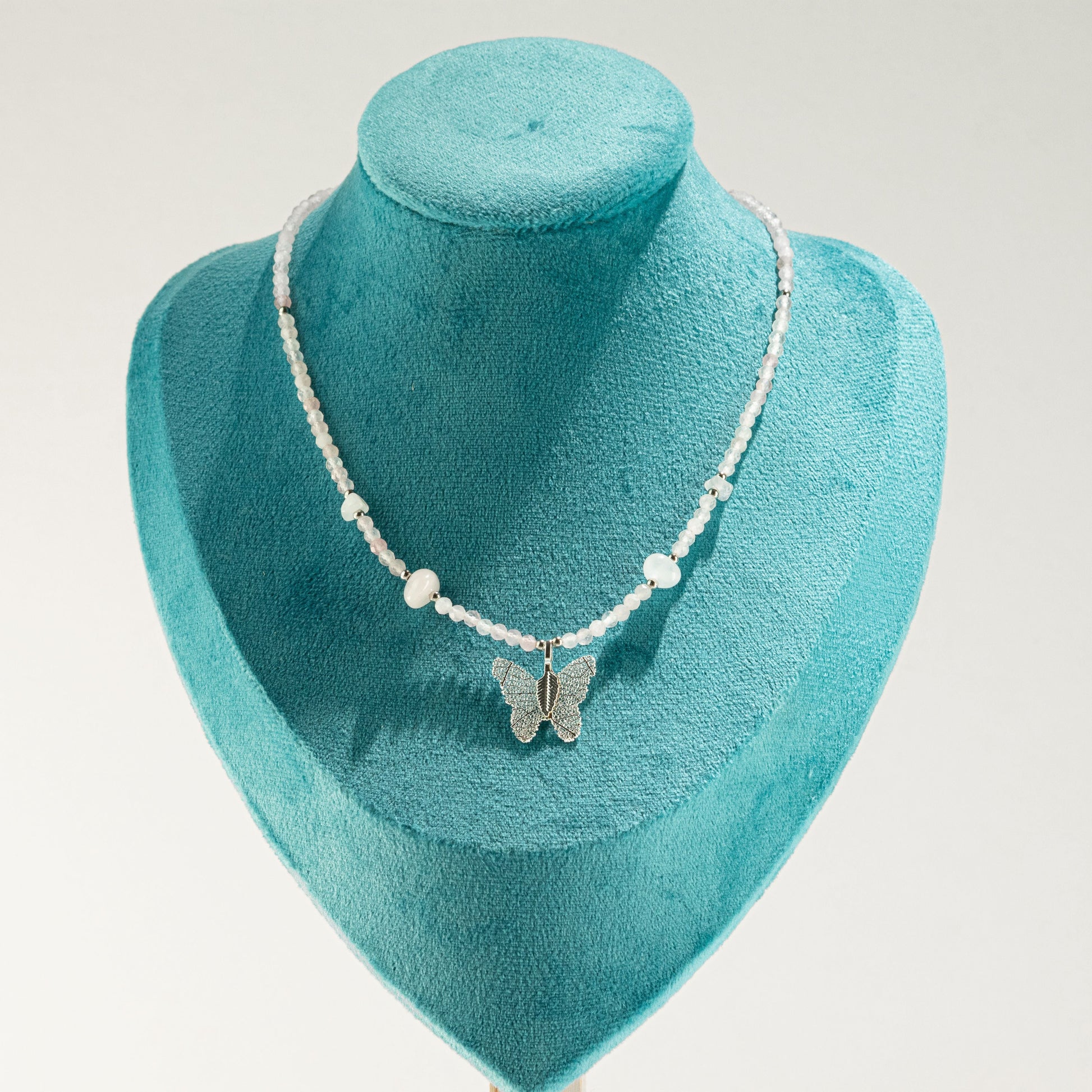 Nymph Rose Quartz Gemstone Necklace with Real Leaf Butterfly Pendant — necklace, image 6 of 8.