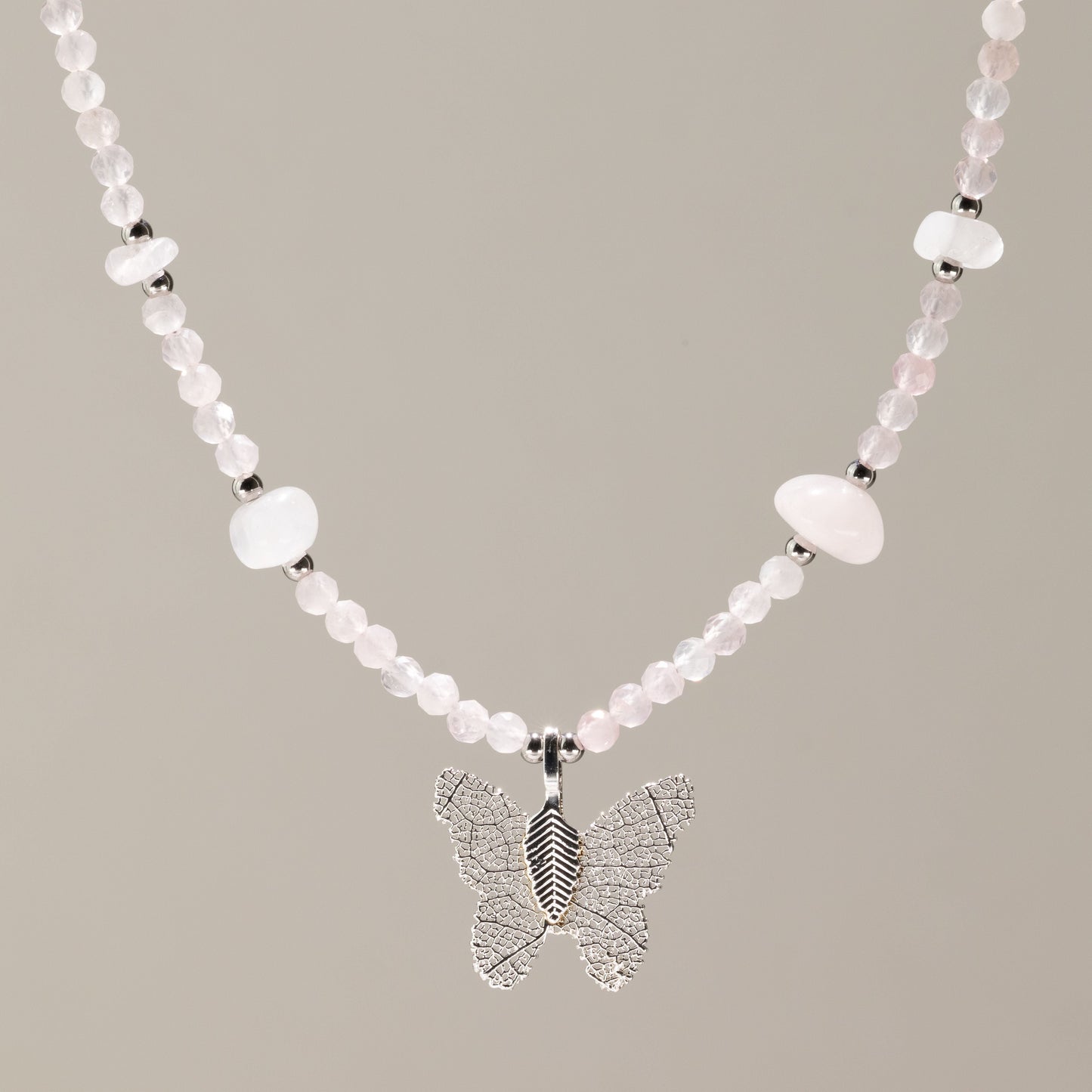 Nymph Rose Quartz Gemstone Necklace with Real Leaf Butterfly Pendant — necklace, image 1 of 8.