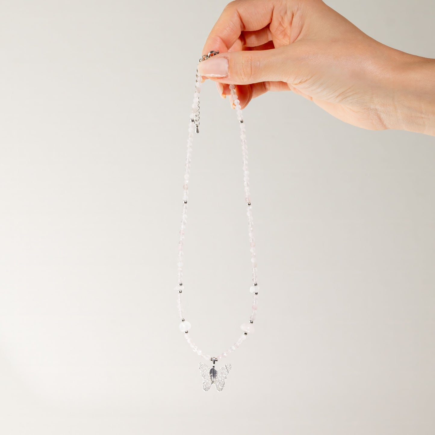 Nymph Rose Quartz Gemstone Necklace with Real Leaf Butterfly Pendant — necklace, image 3 of 8.