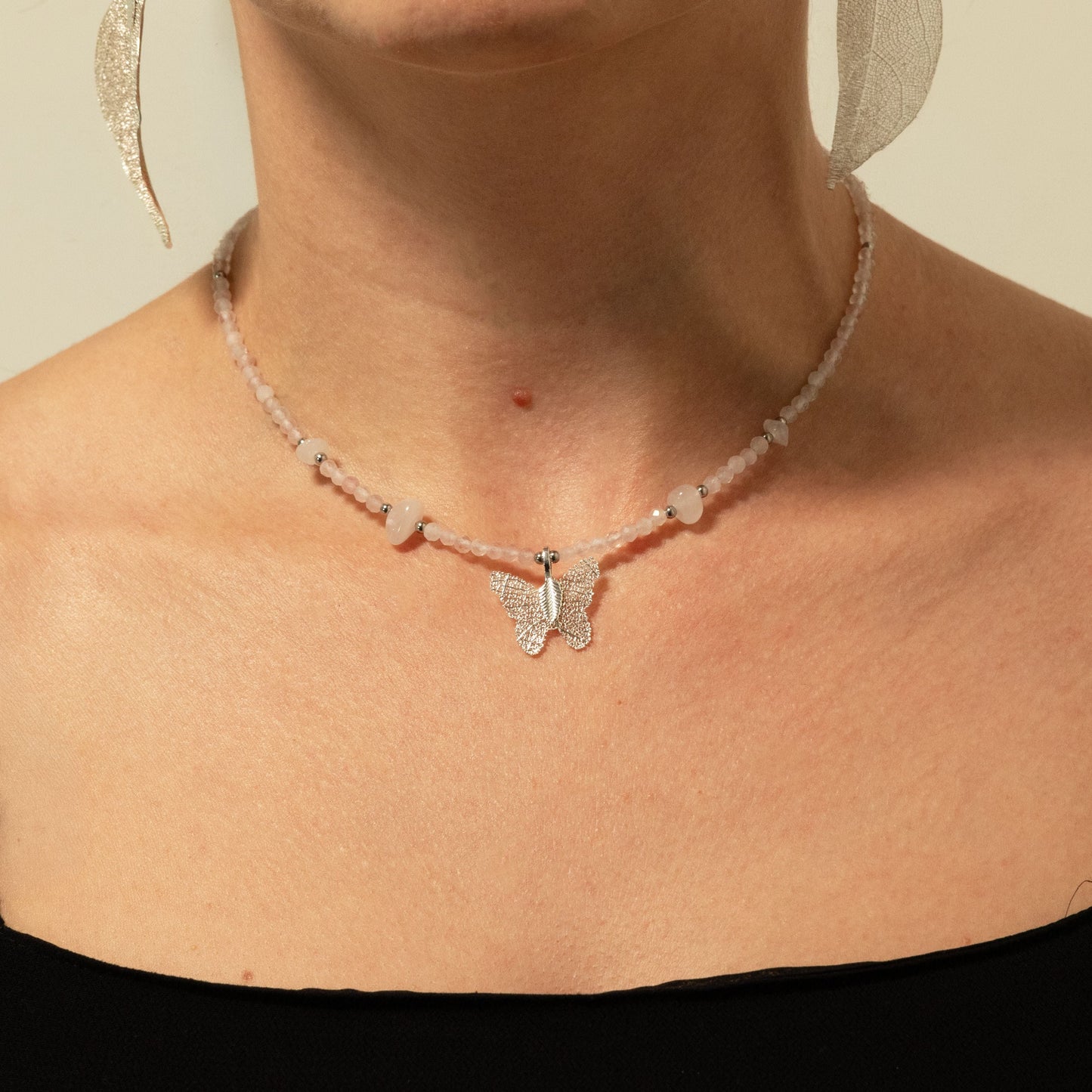 Nymph Rose Quartz Gemstone Necklace with Real Leaf Butterfly Pendant — necklace, image 8 of 8.