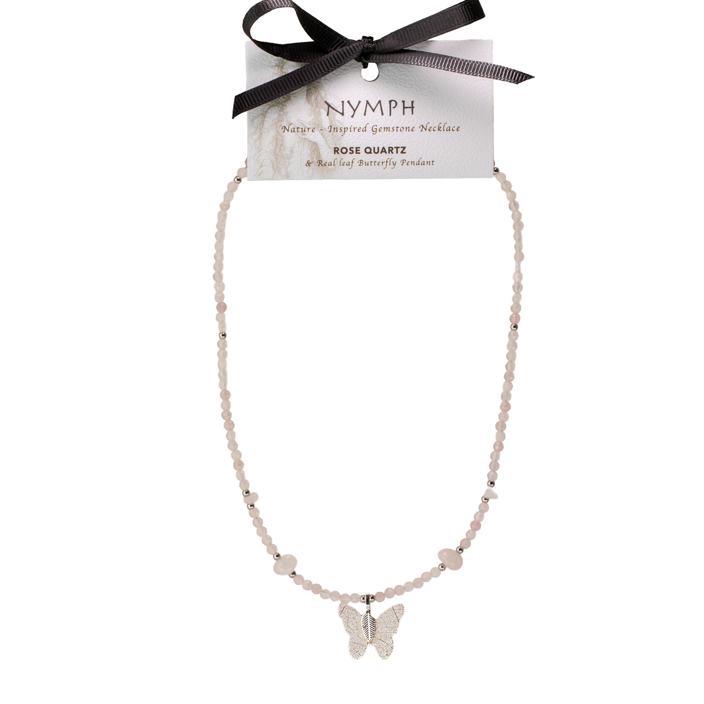 Nymph Rose Quartz Gemstone Necklace with Real Leaf Butterfly Pendant — necklace, image 4 of 8.