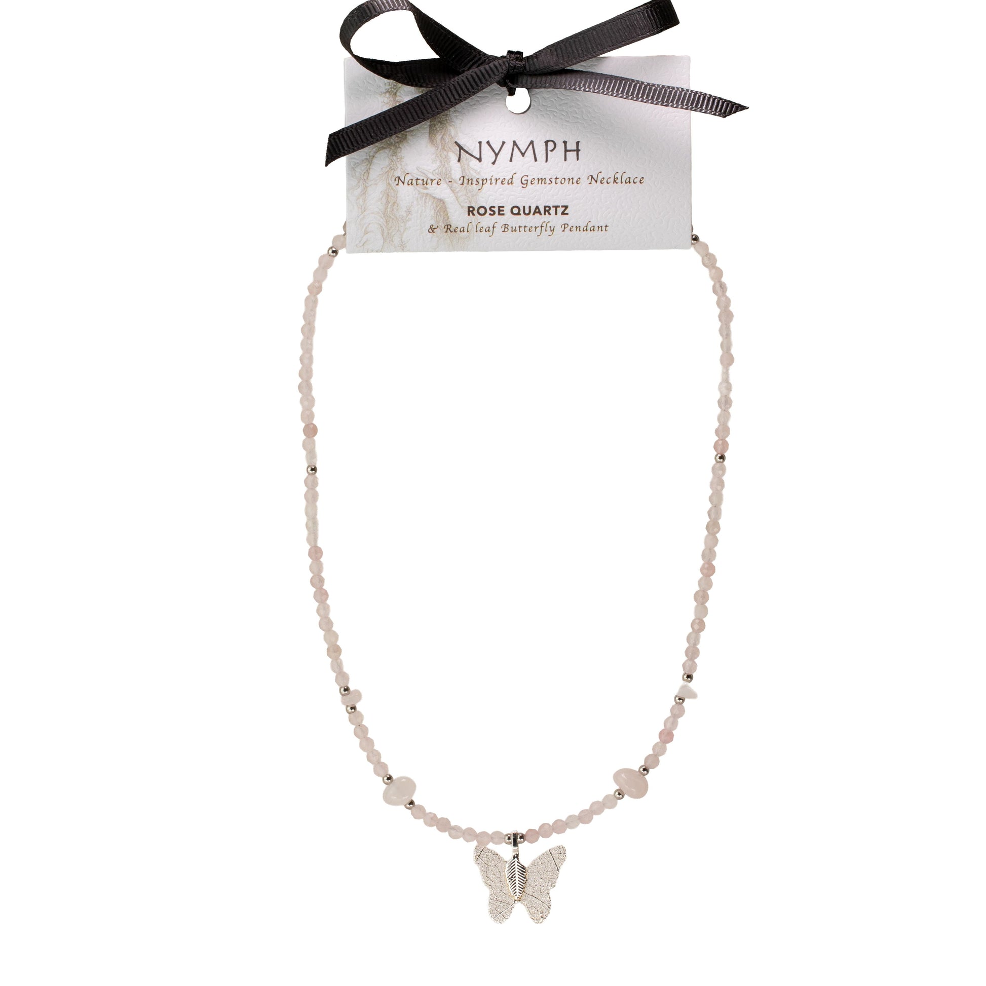 Nymph Rose Quartz Gemstone Necklace with Real Leaf Butterfly Pendant — necklace, image 4 of 8.