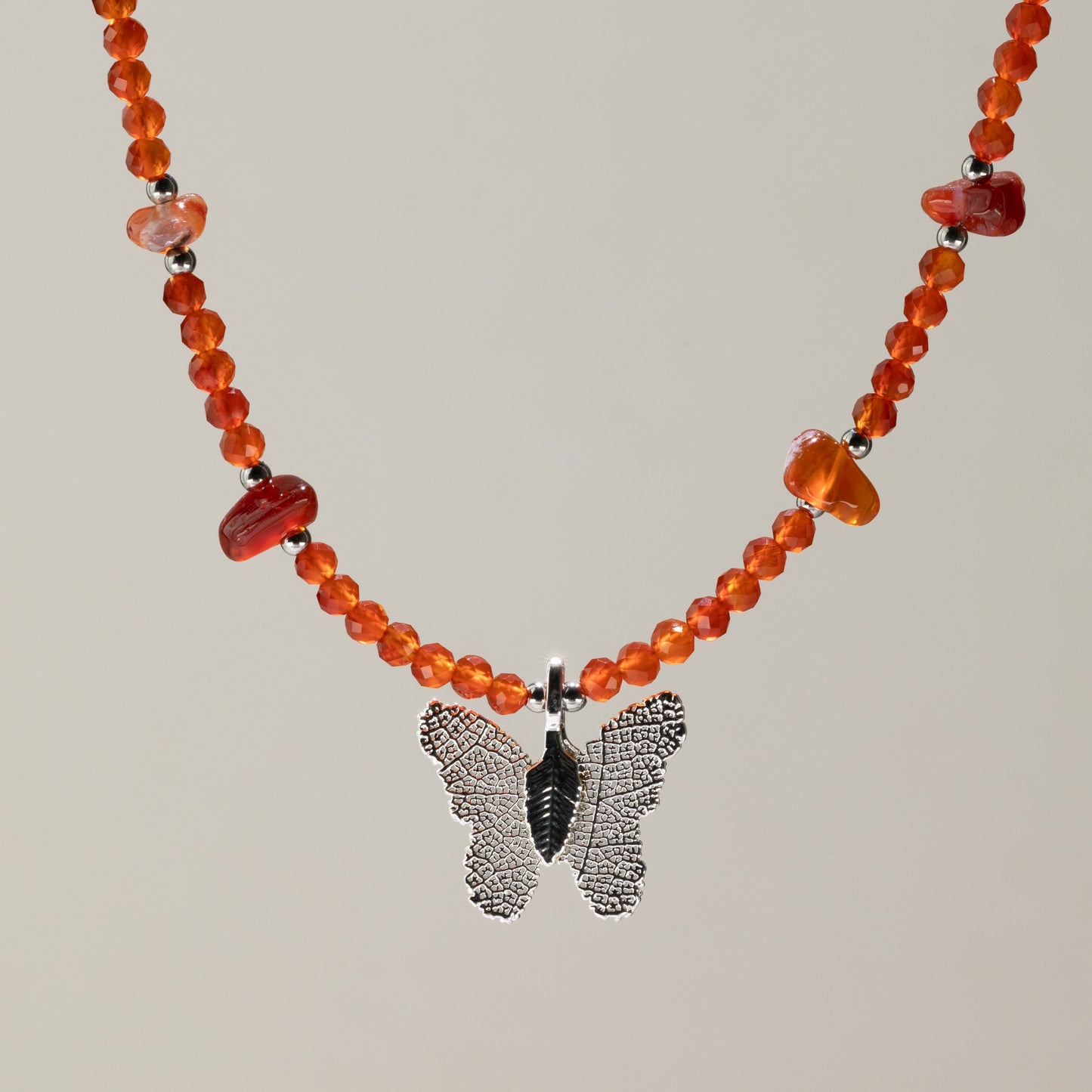 Nymph Ruby Gemstone Necklace with Real Leaf Butterfly Pendant — necklace, image 5 of 9.