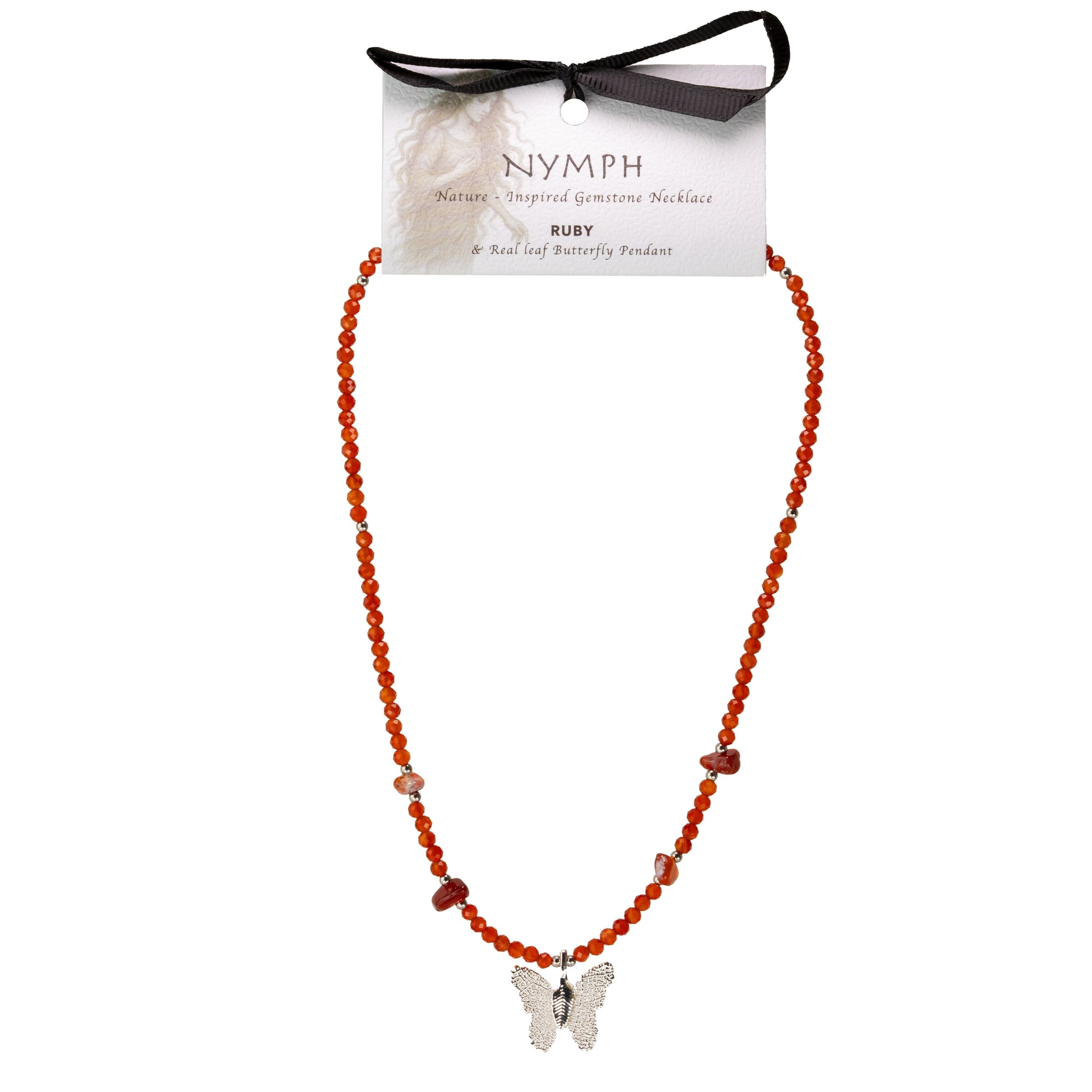 Nymph Ruby Gemstone Necklace with Real Leaf Butterfly Pendant — necklace, image 2 of 9.