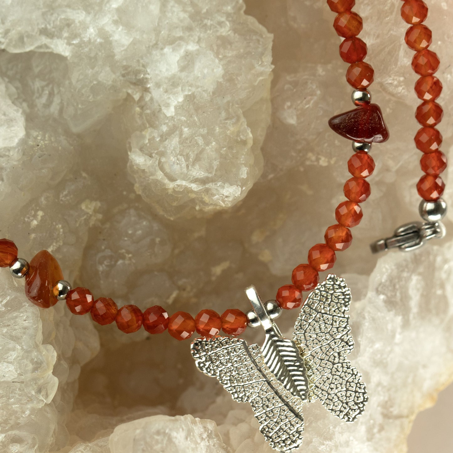 Nymph Ruby Gemstone Necklace with Real Leaf Butterfly Pendant — necklace, image 3 of 9.