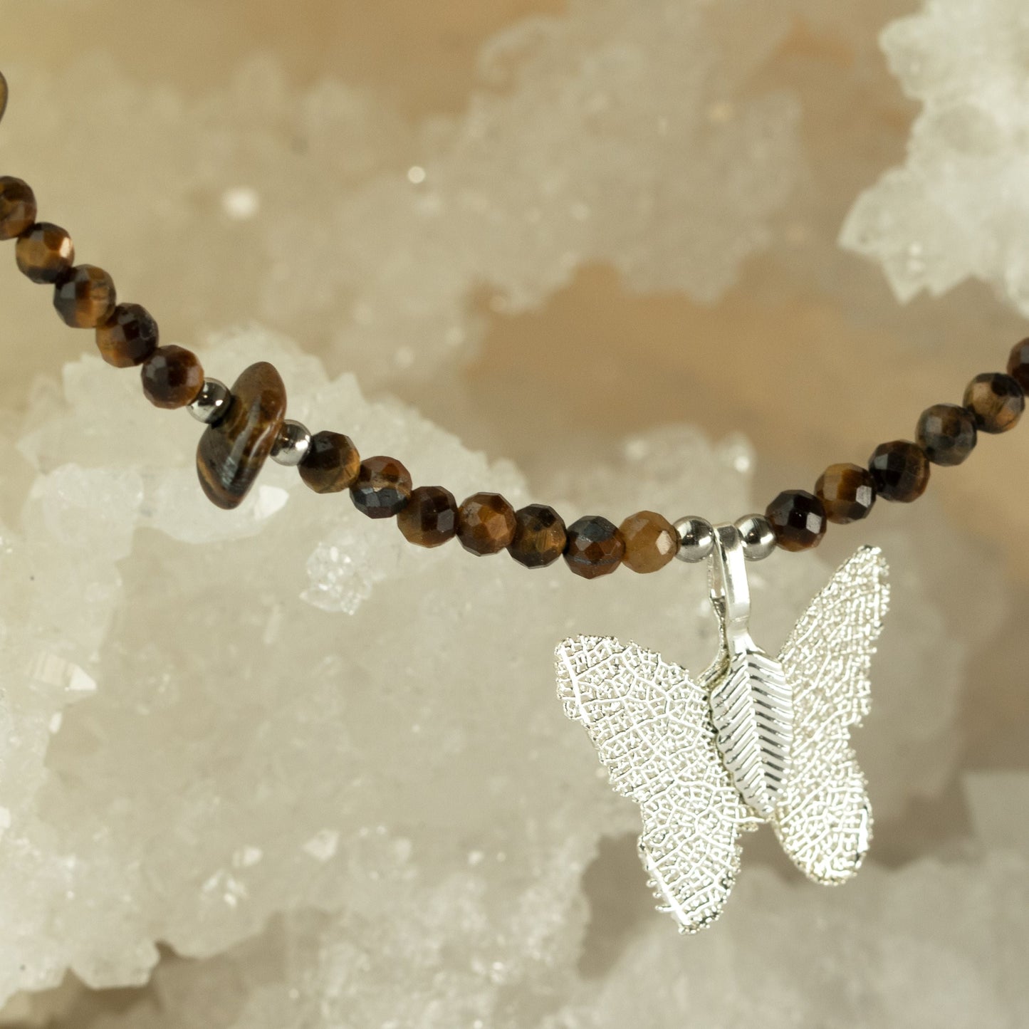 Nymph Tiger's Eye Gemstone Necklace with Real Leaf Butterfly Pendant — necklace, image 5 of 9.