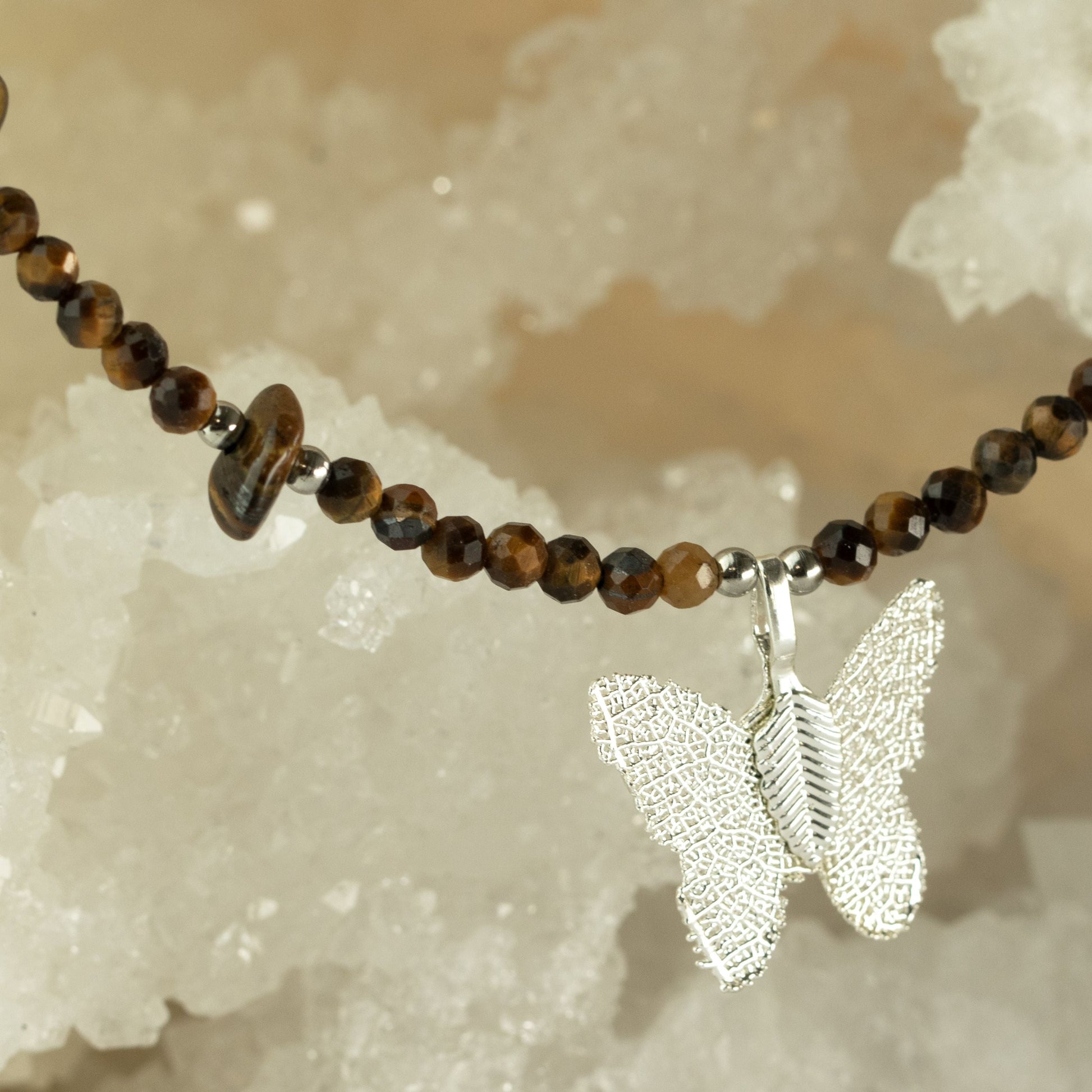 Nymph Tiger's Eye Gemstone Necklace with Real Leaf Butterfly Pendant — necklace, image 5 of 9.