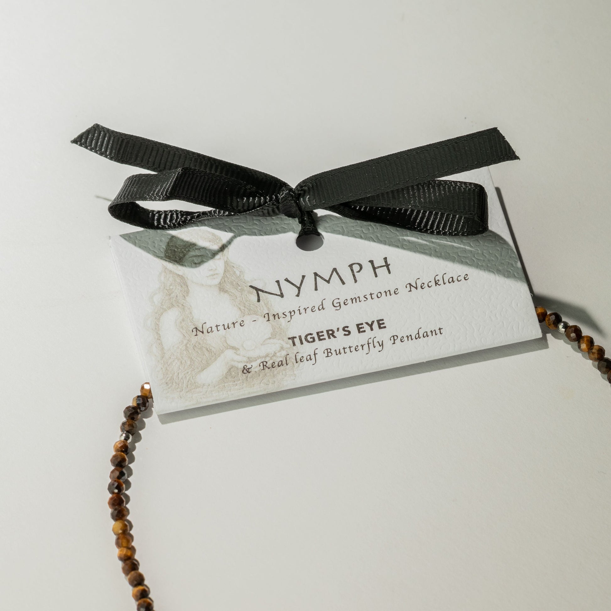 Nymph Tiger's Eye Gemstone Necklace with Real Leaf Butterfly Pendant — necklace, image 2 of 9.