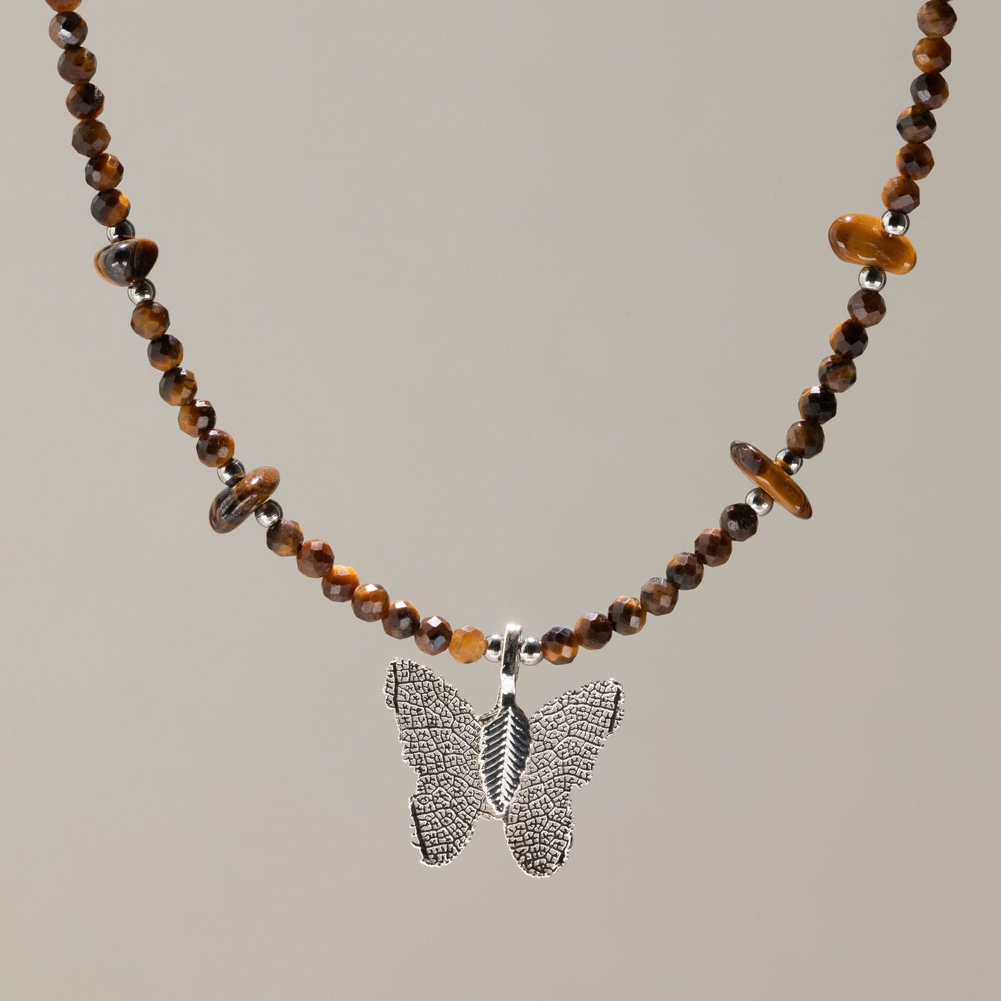 Nymph Tiger's Eye Gemstone Necklace with Real Leaf Butterfly Pendant — necklace, image 1 of 9.