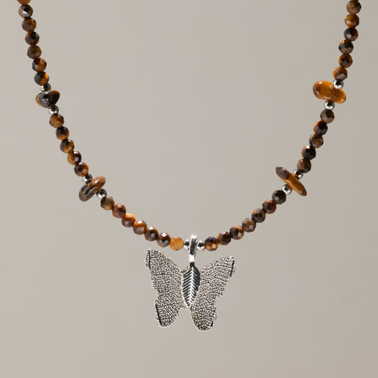 Nymph Tiger's Eye Gemstone Necklace with Real Leaf Butterfly Pendant — necklace, image 1 of 9.