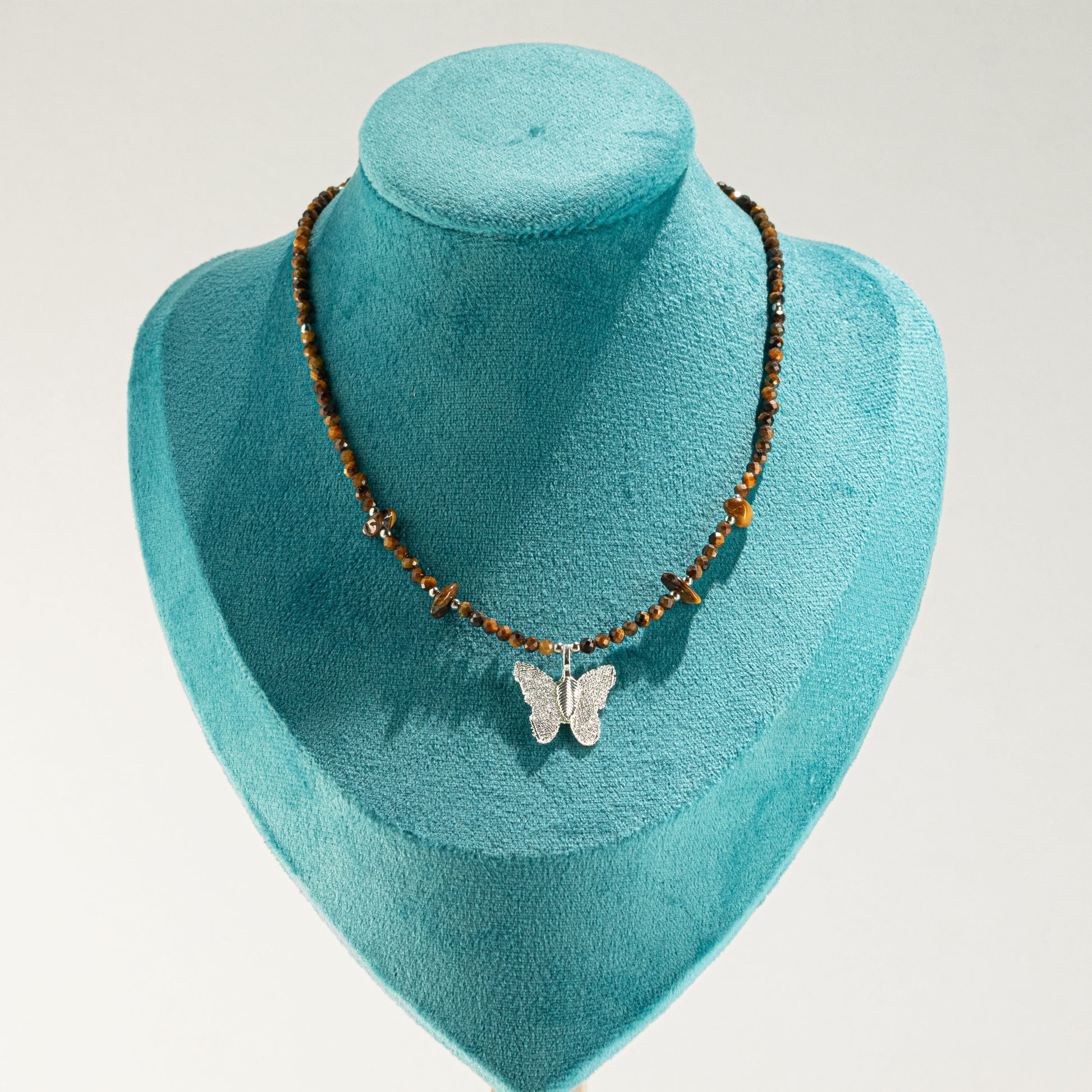 Nymph Tiger's Eye Gemstone Necklace with Real Leaf Butterfly Pendant — necklace, image 7 of 9.