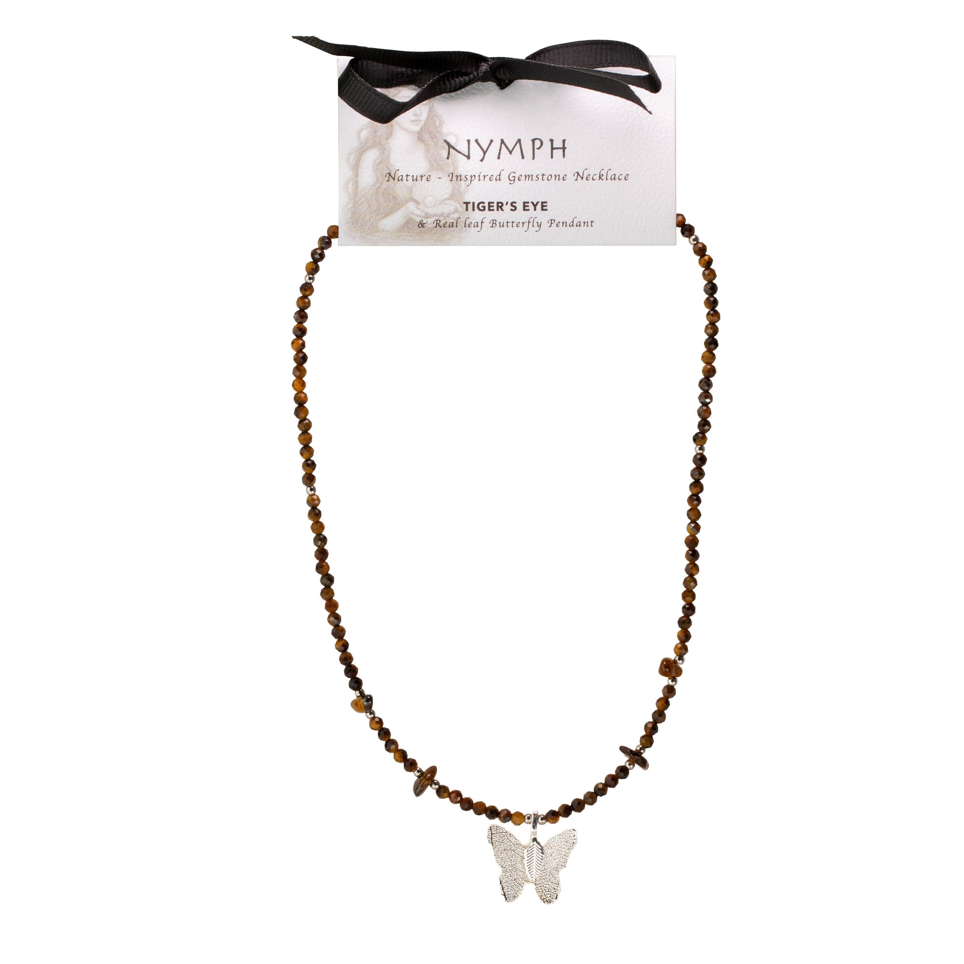 Nymph Tiger's Eye Gemstone Necklace with Real Leaf Butterfly Pendant — necklace, image 4 of 9.