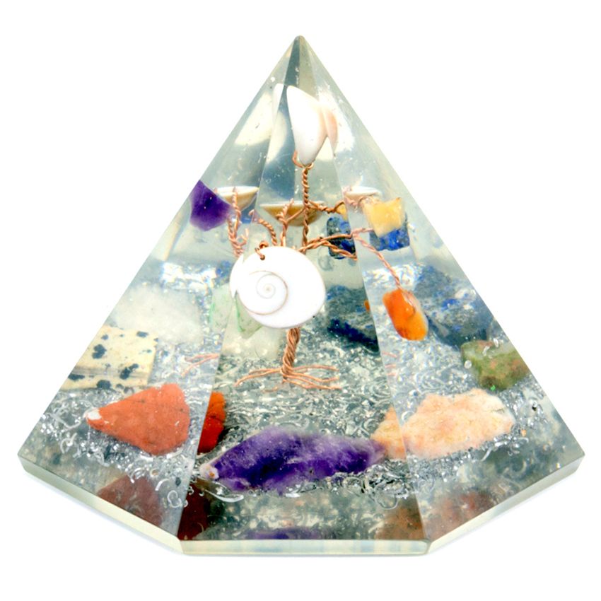 Polished Orgonite 7 sided Pyramid - Gemstone Wisdom Tree - 90 mm featuring natural patterning and unique variations - Luna Panther