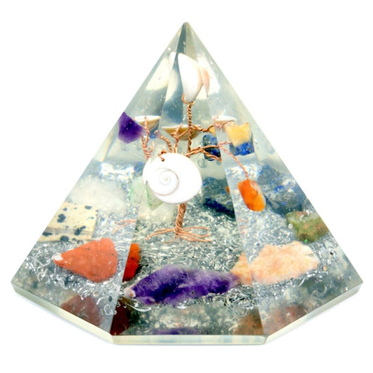 Polished Orgonite 7 sided Pyramid - Gemstone Wisdom Tree - 90 mm featuring natural patterning and unique variations - Luna Panther