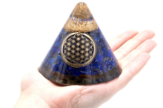 Polished Orgonite Cone - Lapis Flower of Life - Suspended Quartz - 90 mm featuring royal blue tone with gold flecks - Luna Panther