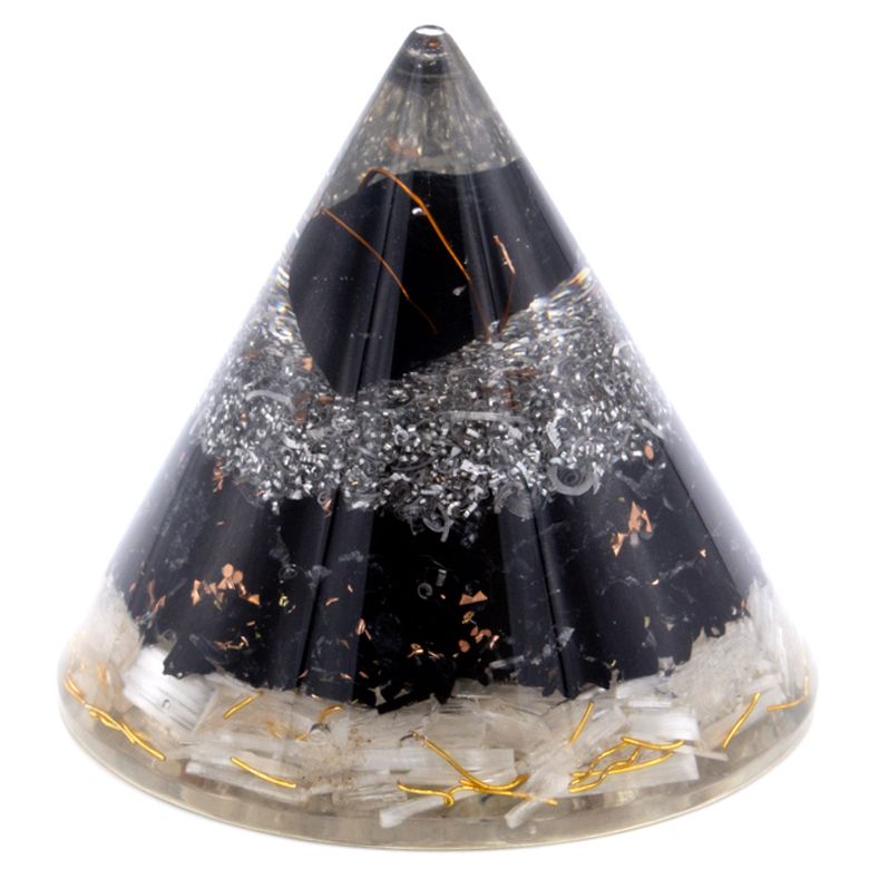 Polished Orgonite Cone - Selenite and Black Tourmaline Copper - 90 mm featuring deep black tone with natural striations - Luna Panther