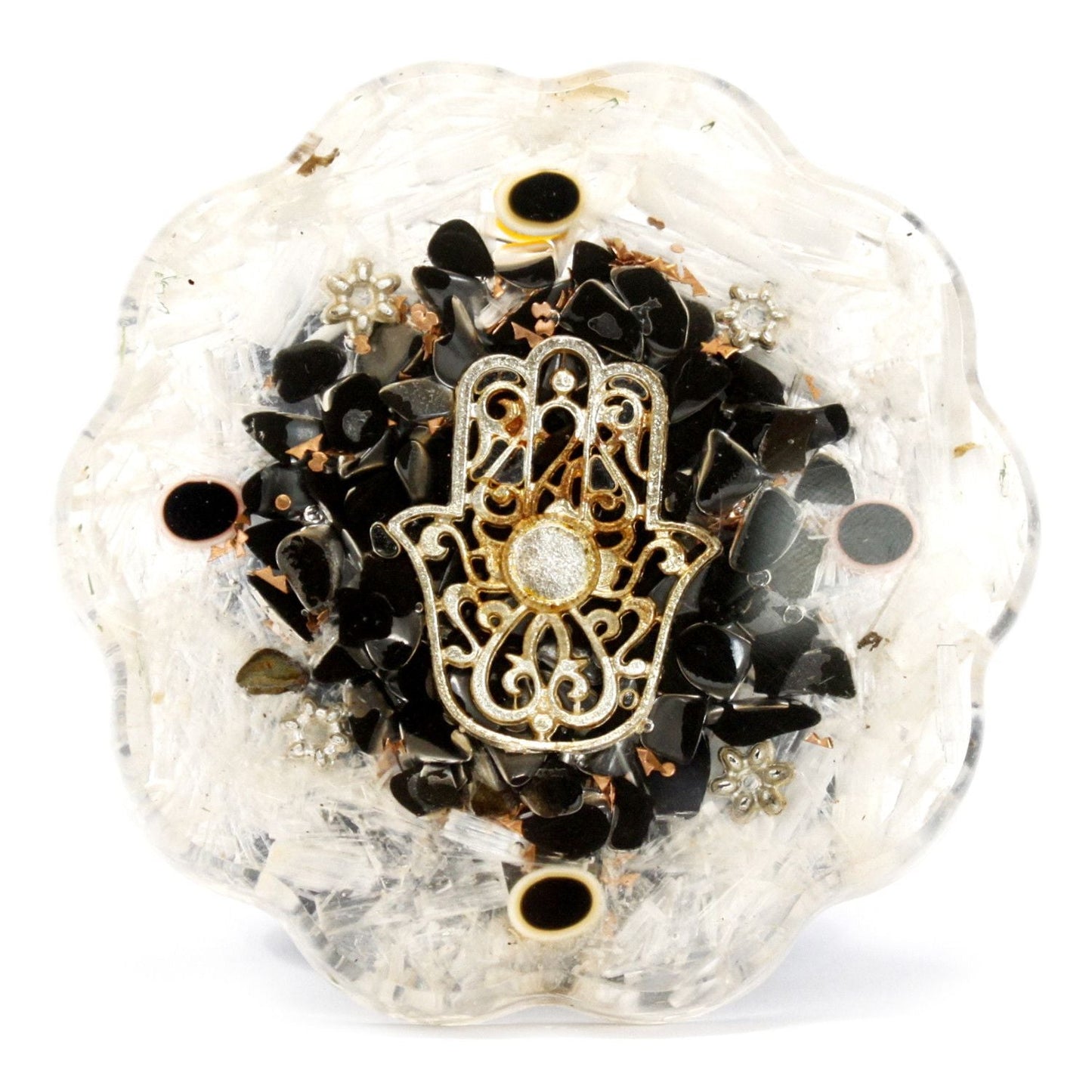 Polished Orgonite Desk Power Packs - Hamsa with Selenite - Med featuring satin white sheen and fibrous texture - Luna Panther
