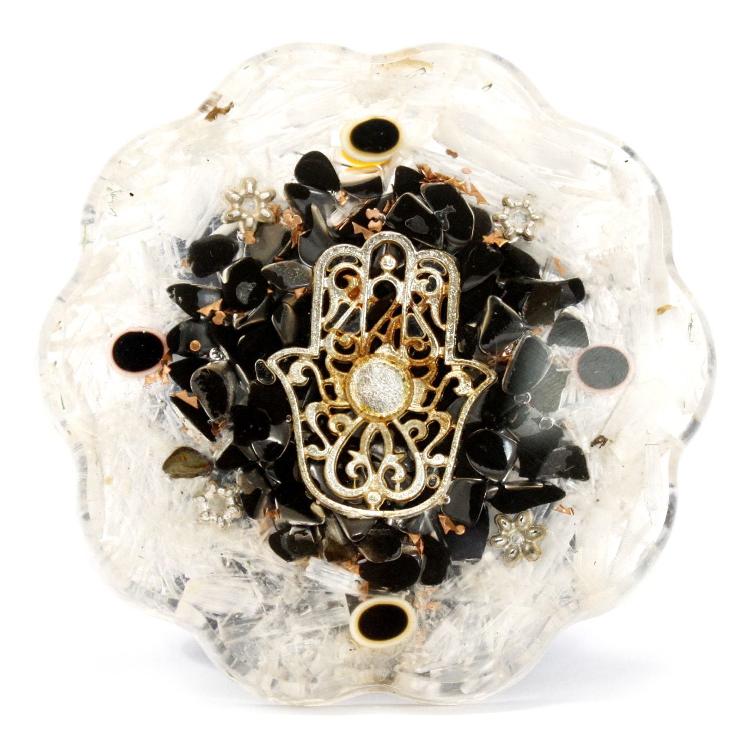 Polished Orgonite Desk Power Packs - Hamsa with Selenite - Med featuring satin white sheen and fibrous texture - Luna Panther