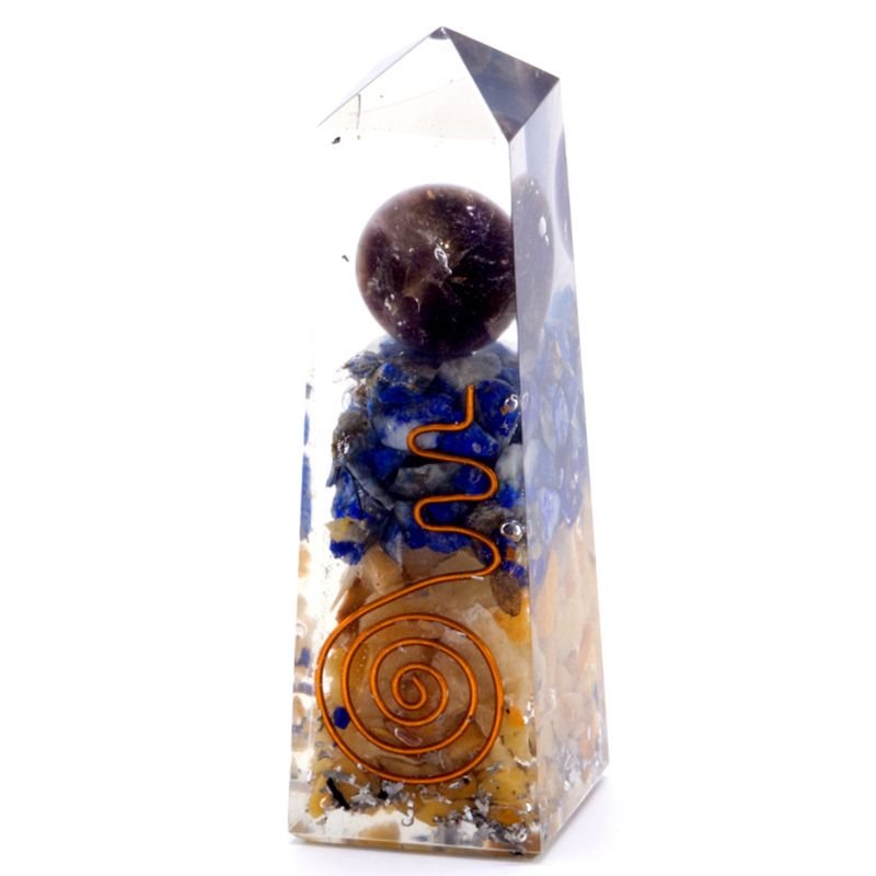 Polished Orgonite Obelisk Power Point Copper, Lapis and Yellow Aventurine - 90x25 mm featuring green tone with subtle sparkle - Luna Panther