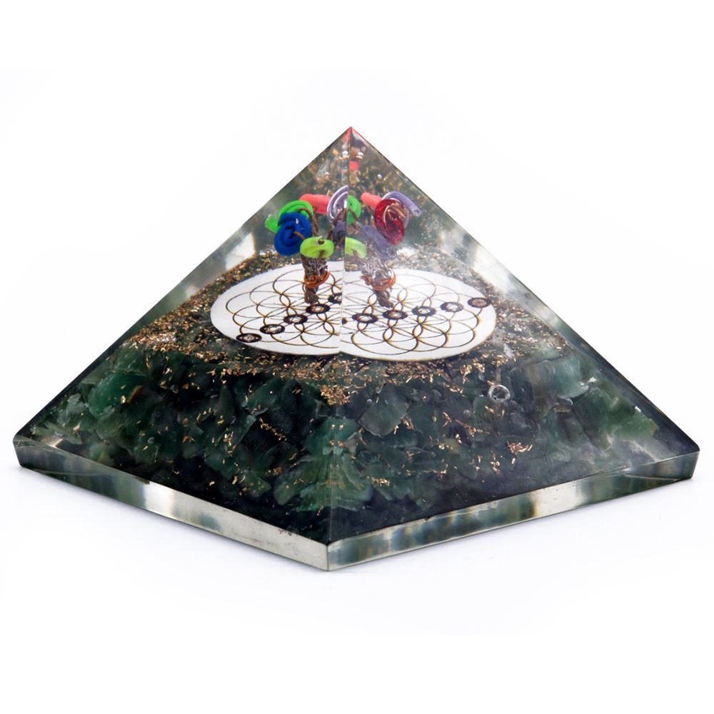 Polished Orgonite Pyramid - Green Aventurine and Flower of Life - 70 mm featuring green tone with subtle sparkle - Luna Panther