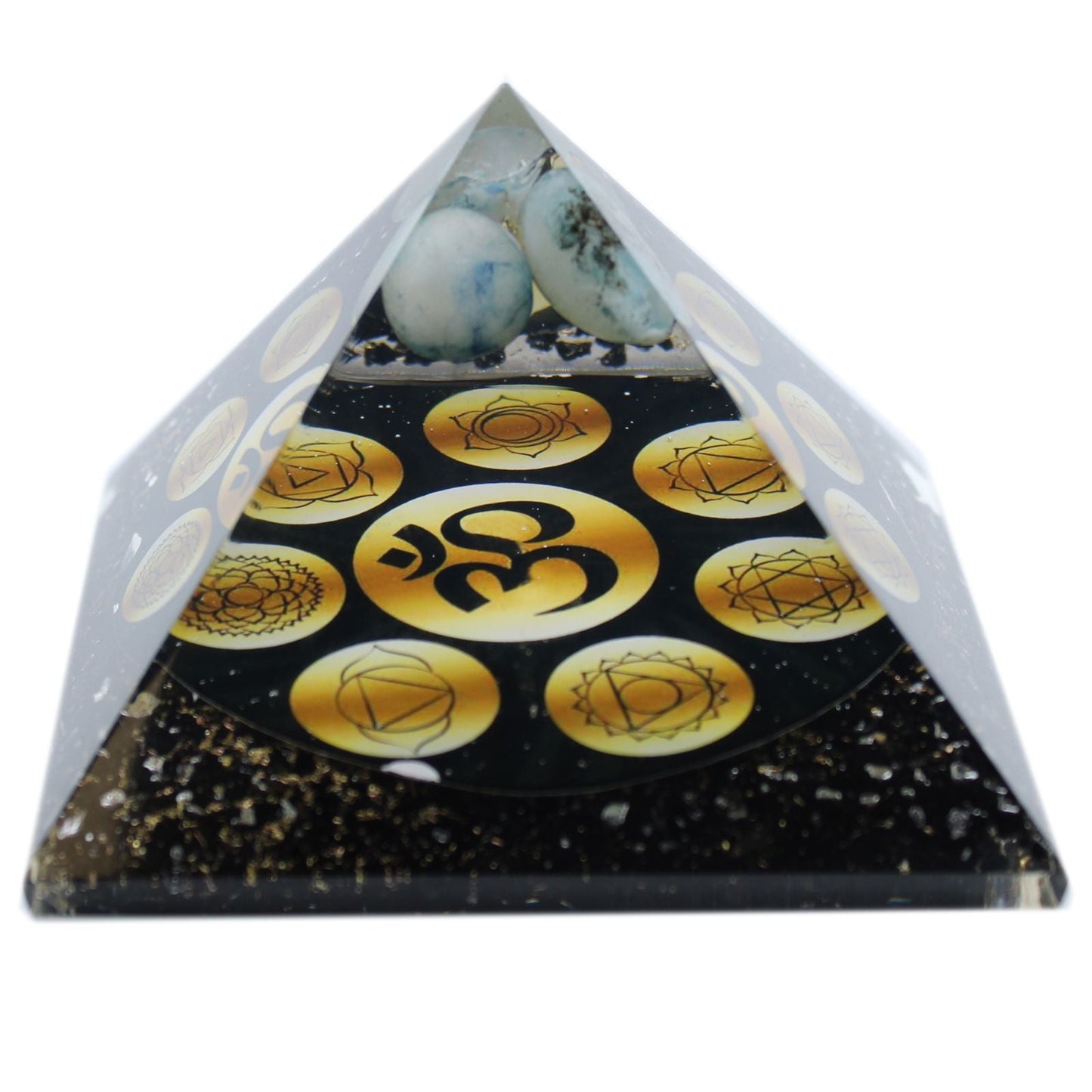 Polished Orgonite Pyramid - Midnight Om Chakra - 90mm featuring natural patterning and unique variations - Luna Panther