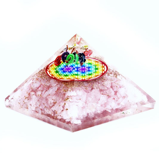 Polished Orgonite Pyramid - Rose Quartz Rainbow Flower of Life - 70 mm featuring soft pink tone and gentle translucence - Luna Panther