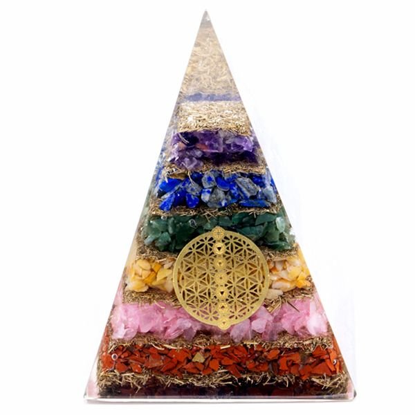 Polished Orgonite Pyramid - Seven Chakra Flower of Life - 70 mm featuring natural patterning and unique variations - Luna Panther