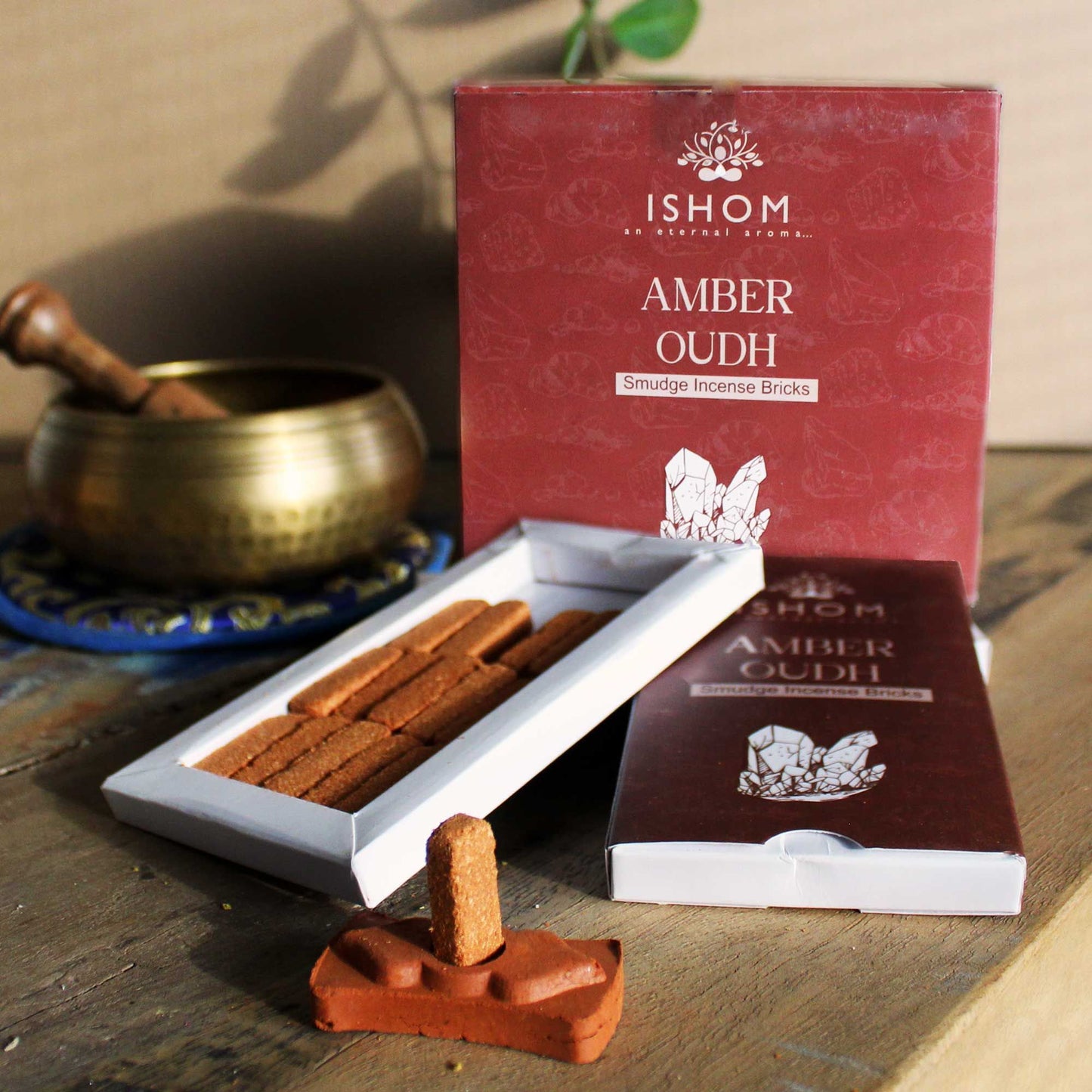 Polished Pack of 15 Natural Incense Smudge Bricks and Burner - Amber Wood featuring natural patterning and unique variations - Luna Panther