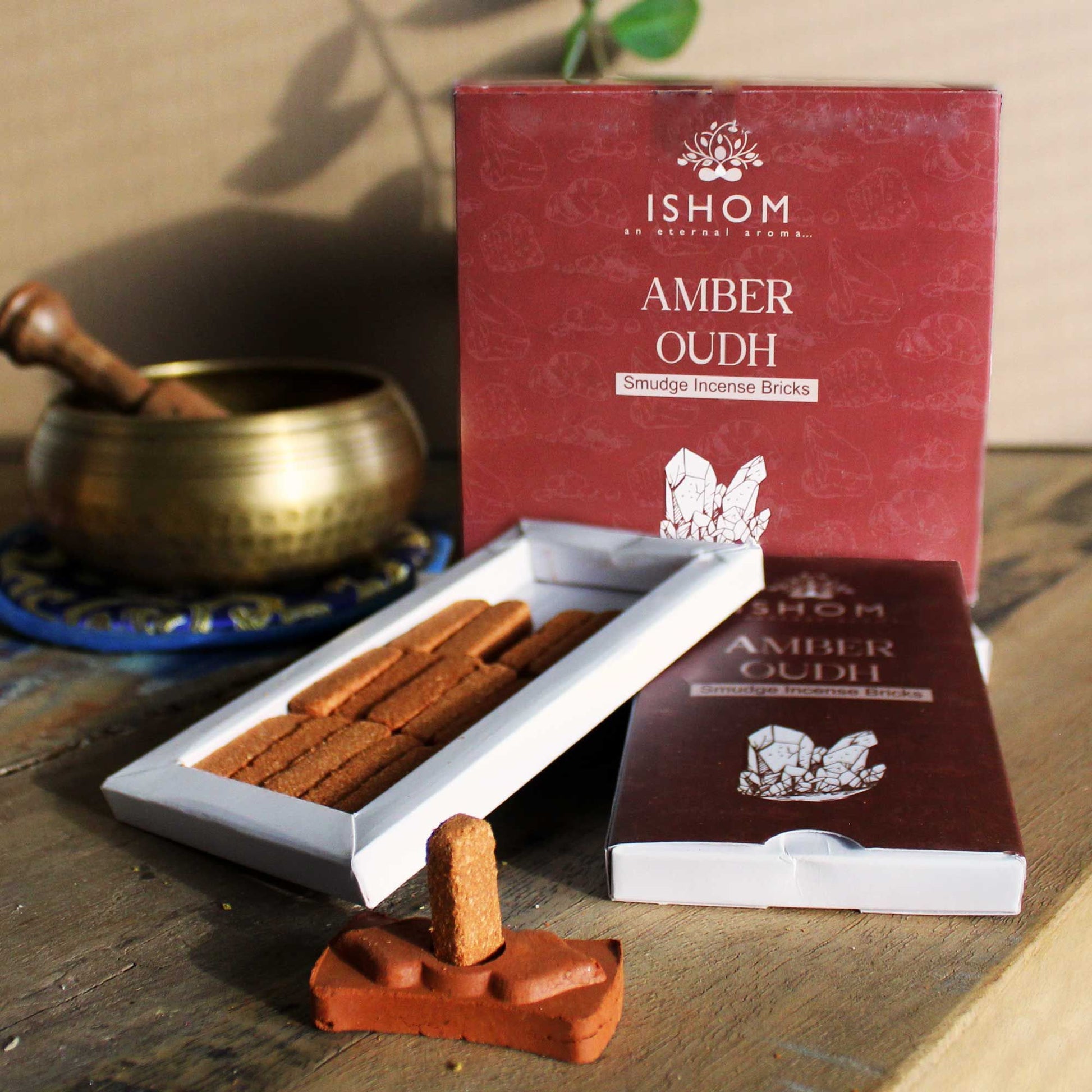 Polished Pack of 15 Natural Incense Smudge Bricks and Burner - Amber Wood featuring natural patterning and unique variations - Luna Panther