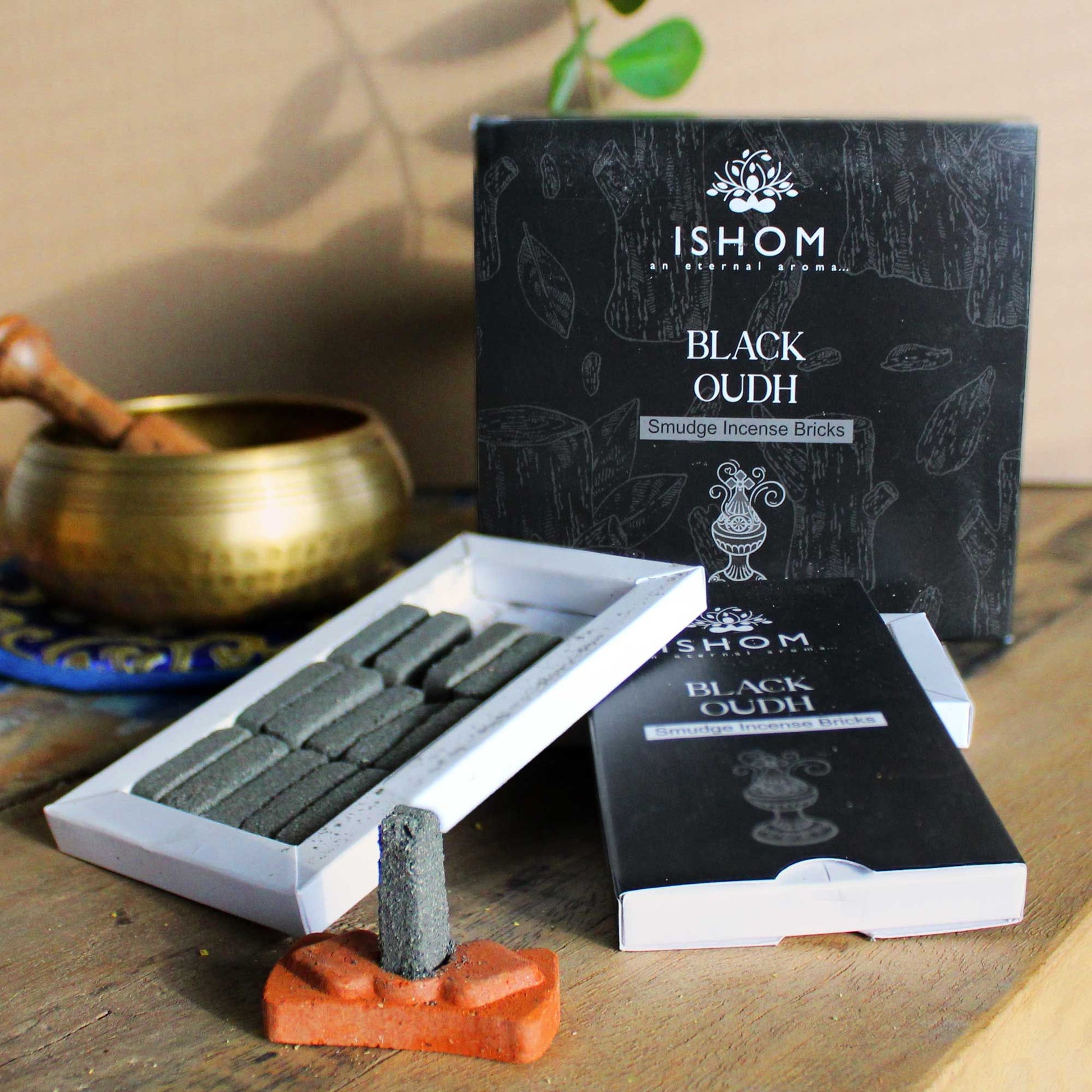 Polished Pack of 15 Natural Incense Smudge Bricks and Burner - Black Wood featuring natural patterning and unique variations - Luna Panther