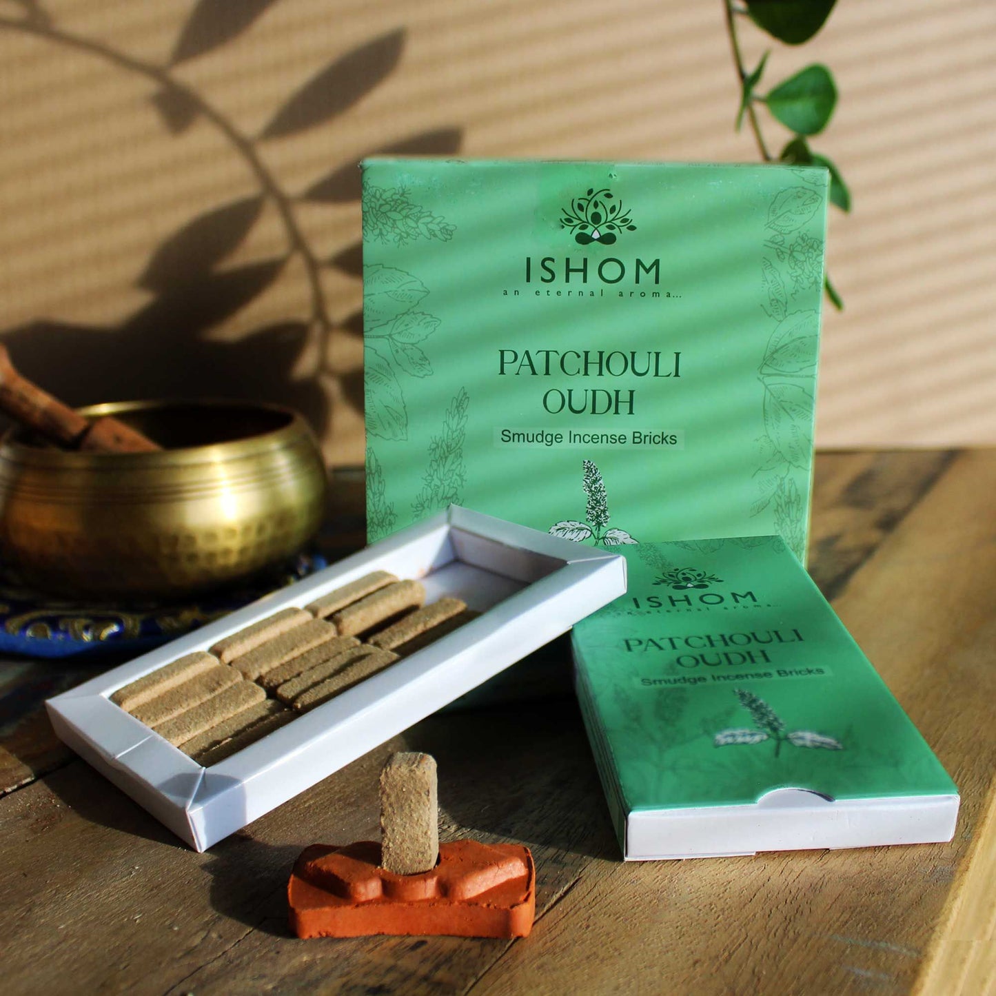 Polished Pack of 15 Natural Incense Smudge Bricks and Burner - Patchouli Wood featuring natural patterning and unique variations - Luna Panther