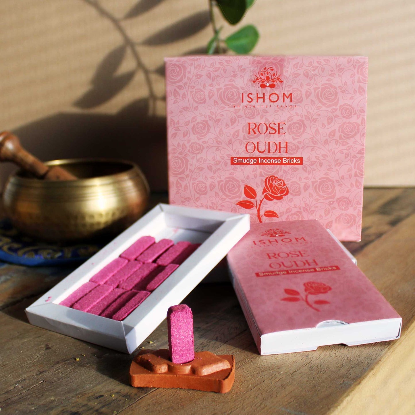 Polished Pack of 15 Natural Incense Smudge Bricks and Burner - Rose Wood featuring natural patterning and unique variations - Luna Panther