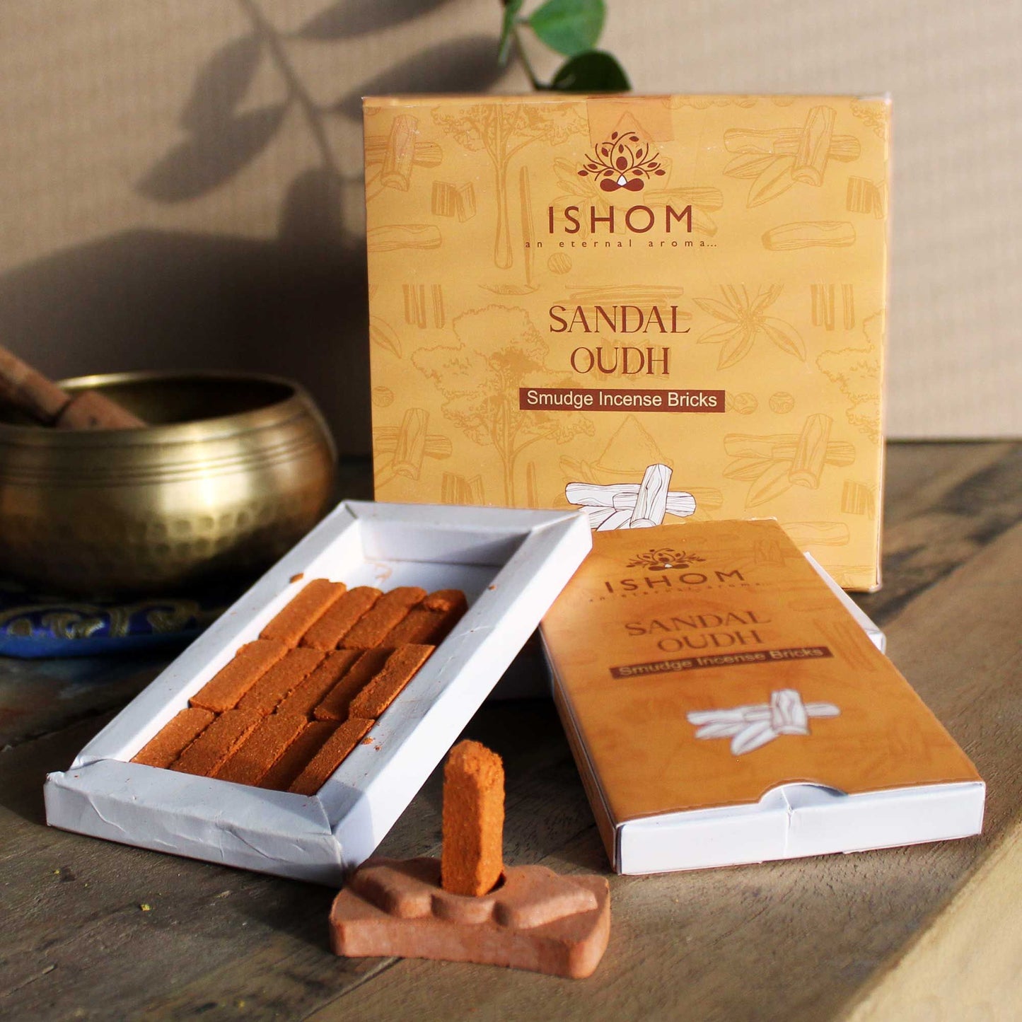 Polished Pack of 15 Natural Incense Smudge Bricks and Burner - Sandal Wood featuring natural patterning and unique variations - Luna Panther