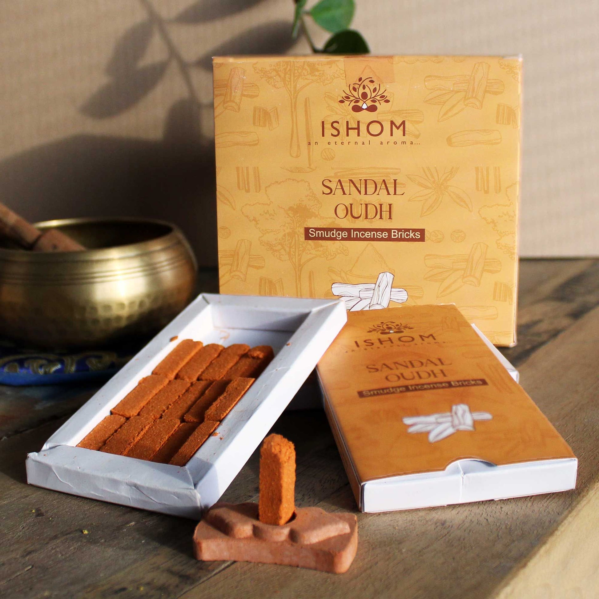 Polished Pack of 15 Natural Incense Smudge Bricks and Burner - Sandal Wood featuring natural patterning and unique variations - Luna Panther