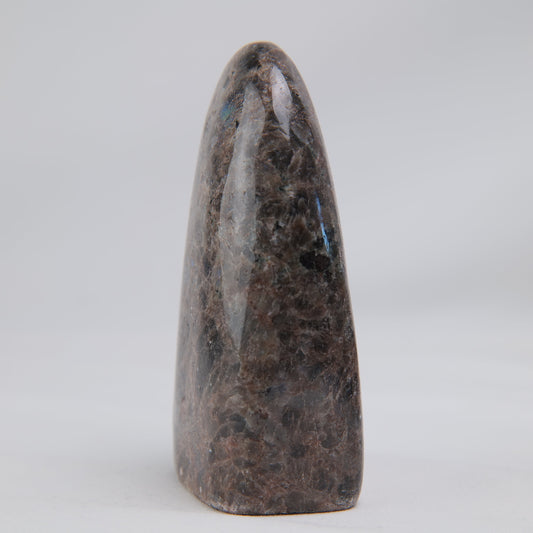 Pakistan Labradorite freeform, full front view with a grey-brown face and a small blue flash along the right edge.