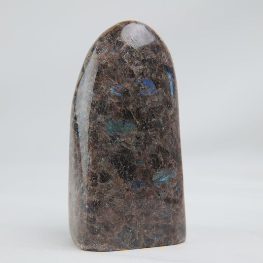 Close view of Pakistan Labradorite with bright blue flashes across the upper face and lower right of the brown-grey stone. alternate view
