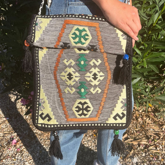 Polished Pale Grey Kilim Messenger Festival Bag featuring natural patterning and unique variations - Luna Panther