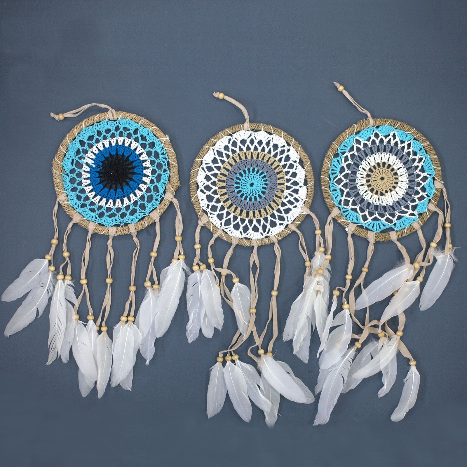 Polished Pastel Blue Macramé Dream Catcher 16cm (asst colours) featuring natural patterning and unique variations - Luna Panther