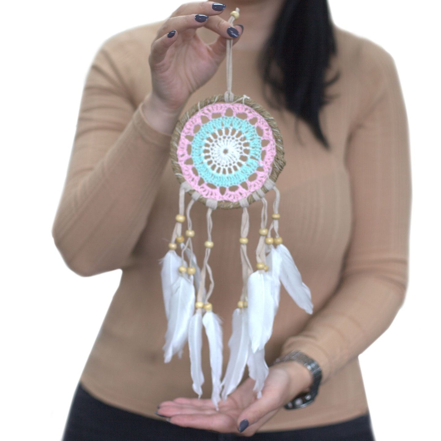 Polished Pastel Pink Macramé Dream Catcher 12cm (asst colours) featuring natural patterning and unique variations - Luna Panther