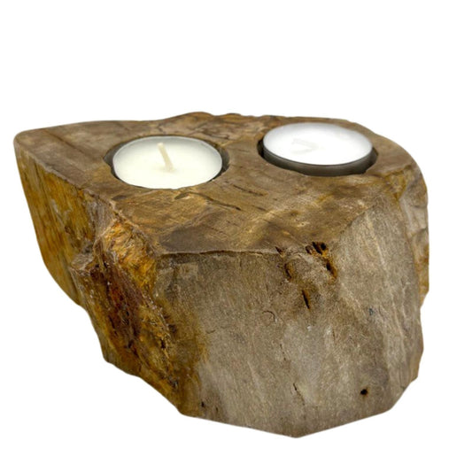 Polished Petrified Wood Candle Holder - Double featuring earthy woodgrain pattern and glossy finish - Luna Panther