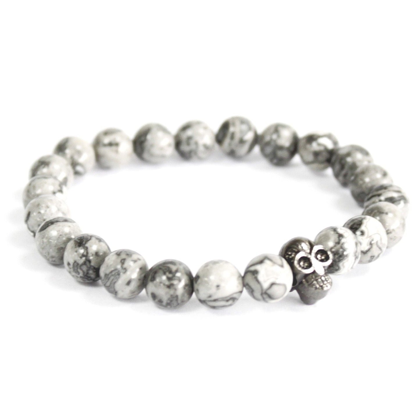 Polished Pewter Skull / Grey Agate - Gemstone Bracelet featuring banded patterns and glossy finish - Luna Panther