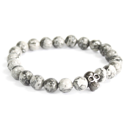 Polished Pewter Skull / Grey Agate - Gemstone Bracelet featuring banded patterns and glossy finish - Luna Panther
