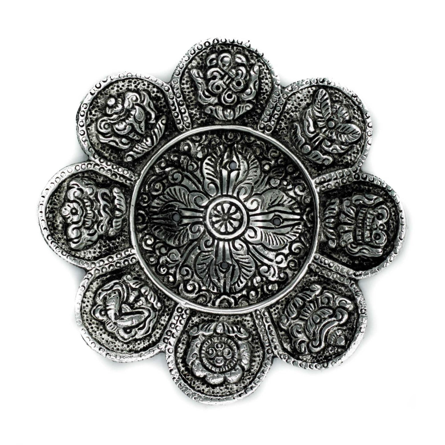 Polished Polished Aluminium Tibetan Symbols Incense Holder 12cm featuring natural patterning and unique variations - Luna Panther