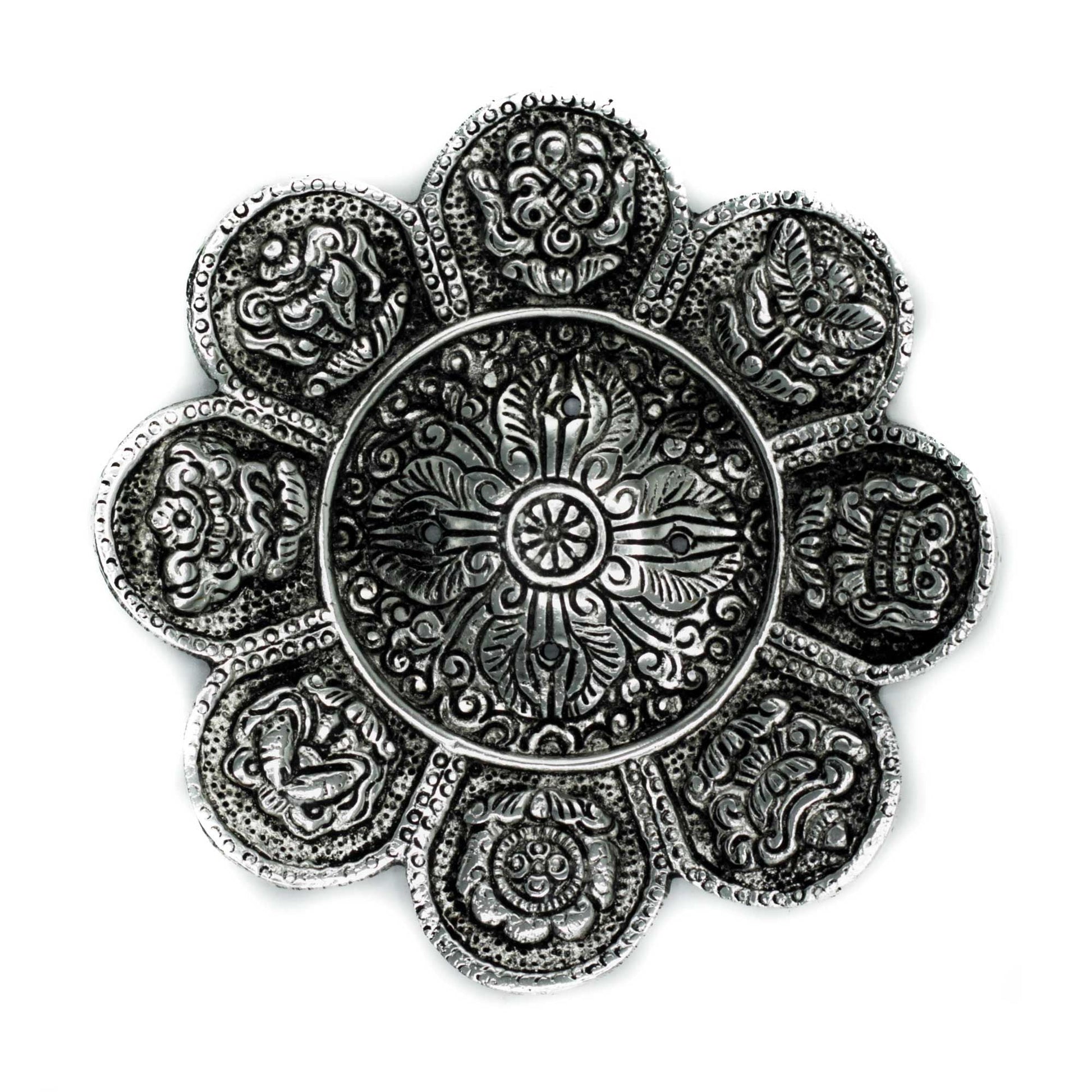 Polished Polished Aluminium Tibetan Symbols Incense Holder 12cm featuring natural patterning and unique variations - Luna Panther