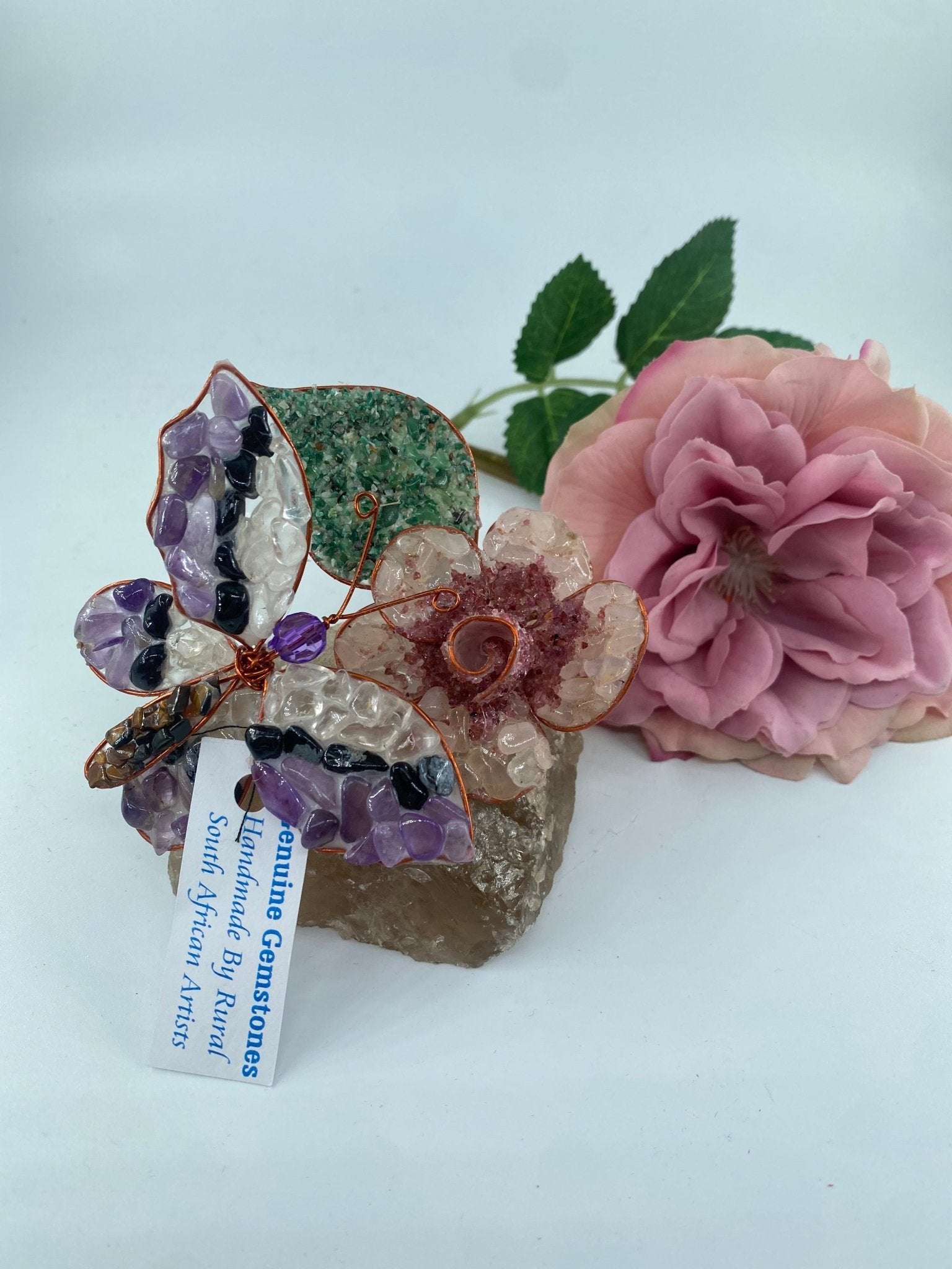 Polished Polished Gemstone Art Butterfly on Rose * featuring natural patterning and unique variations - Luna Panther