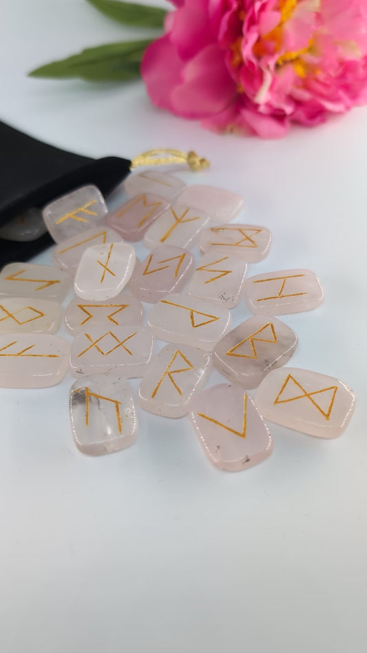 Rose Quartz Rune Set and Bag - Polished Elder Futhark Runes alternate view